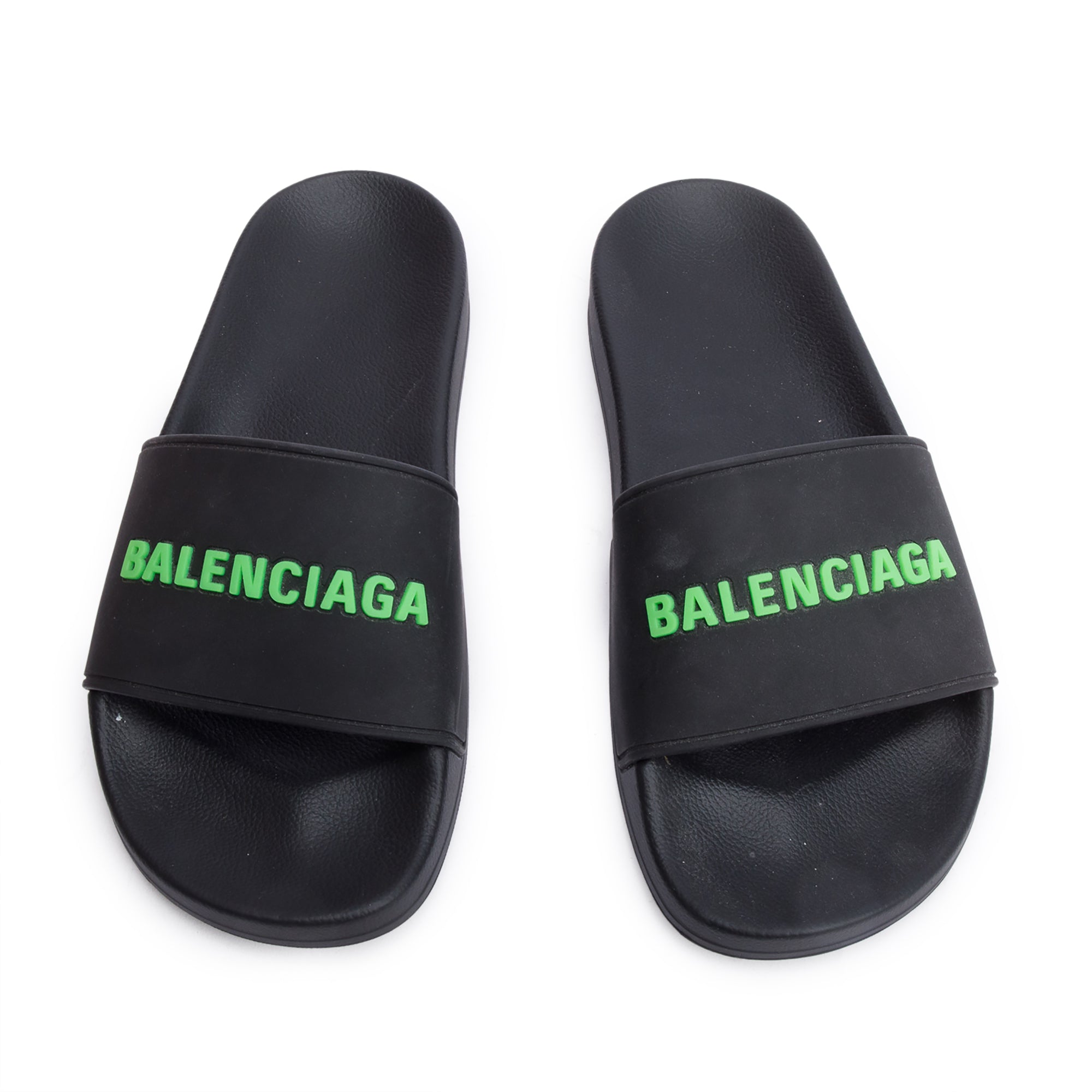 Balenciaga Black Rubber Printed Logo Pool Slide Sandals, Size 37 w/ Box