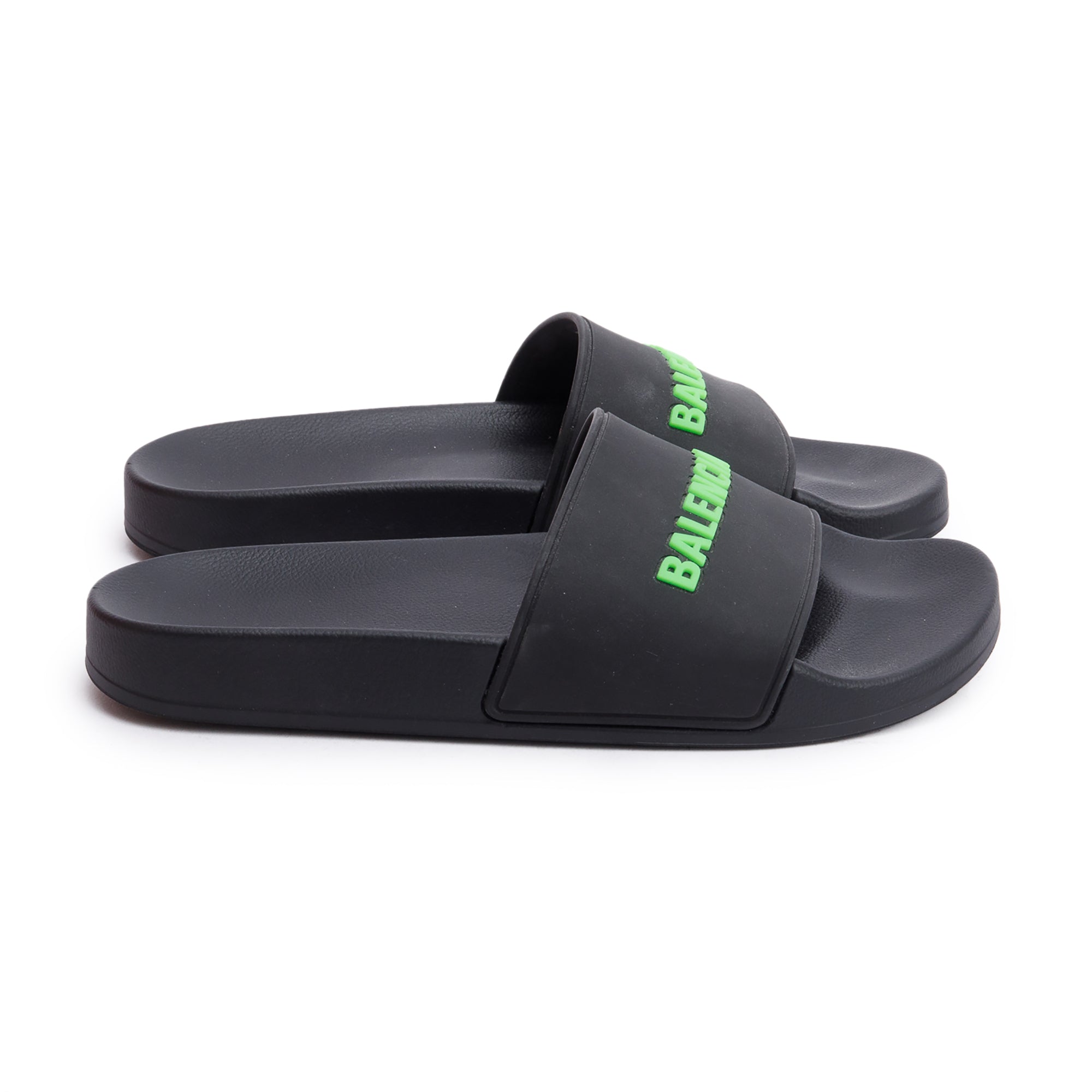 Balenciaga Black Rubber Printed Logo Pool Slide Sandals, Size 37 w/ Box