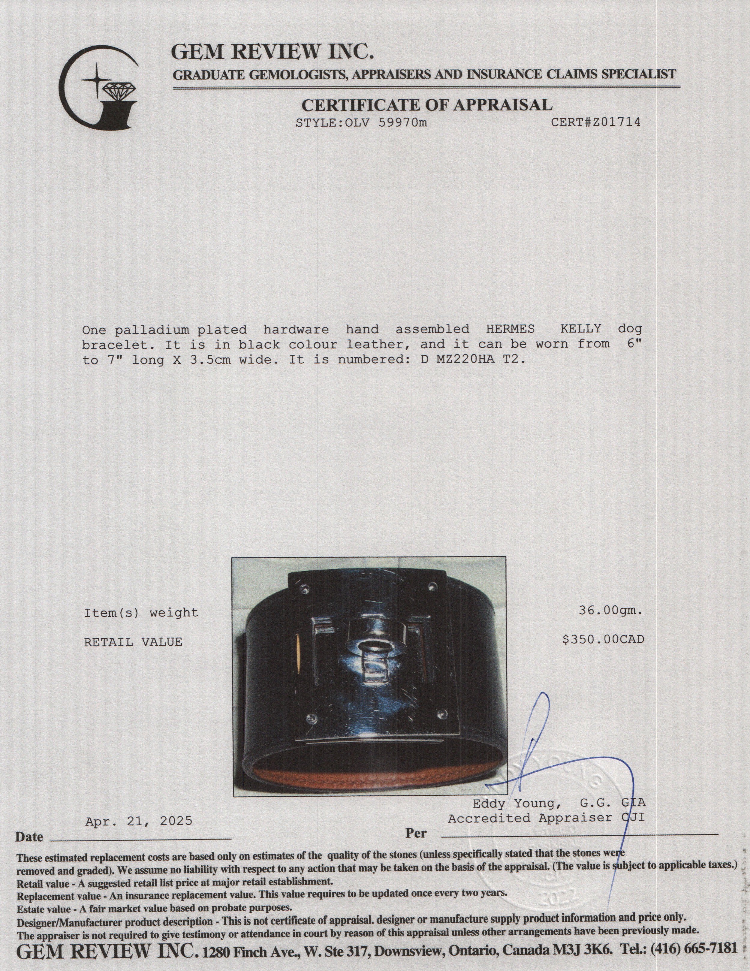 Hermes Palladium-Plated Black Box Calfskin Leather Kelly Dog Bracelet, Size T2 w/ Box