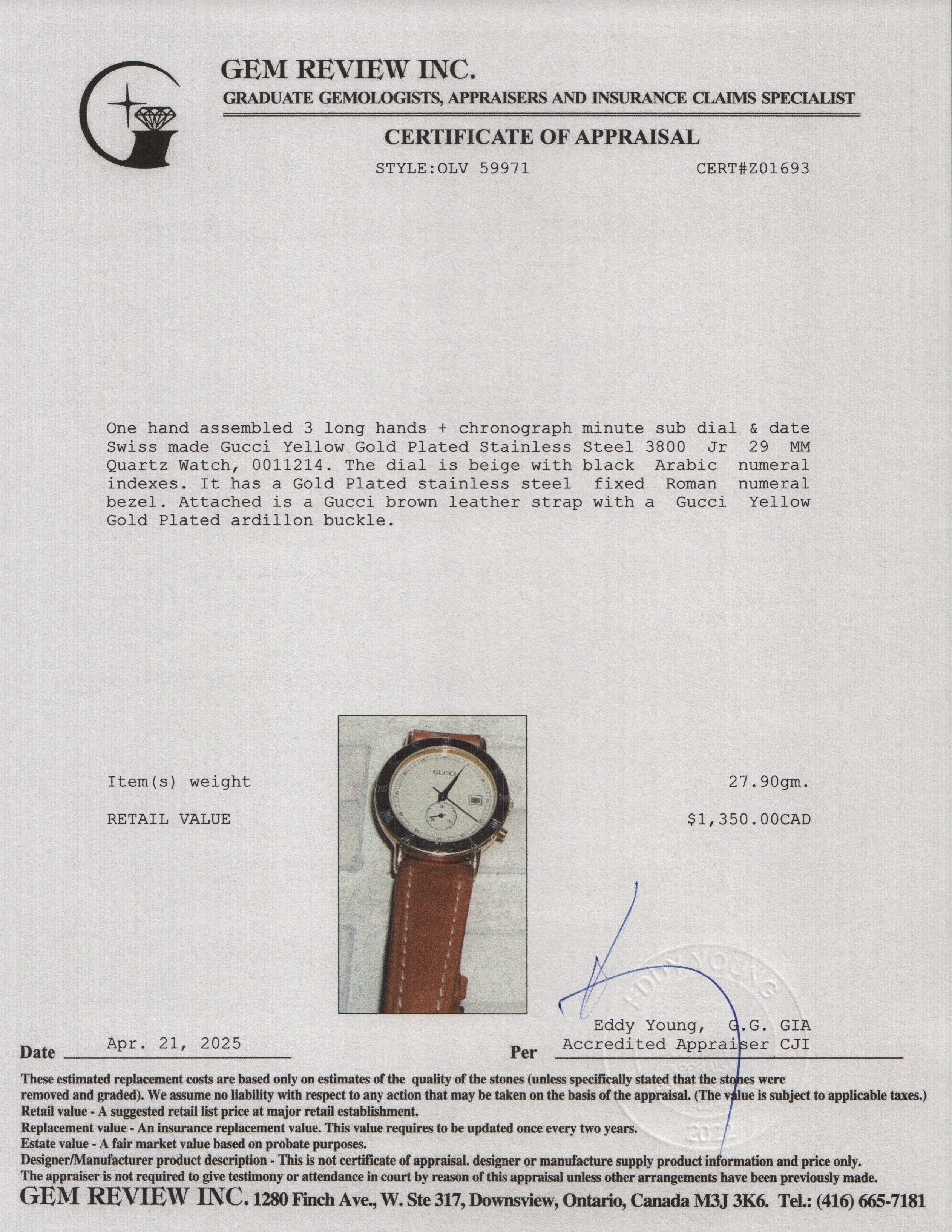 Gucci Yellow Gold Plated Stainless Steel 3800 Jr 29 MM Quartz Watch w/ Box