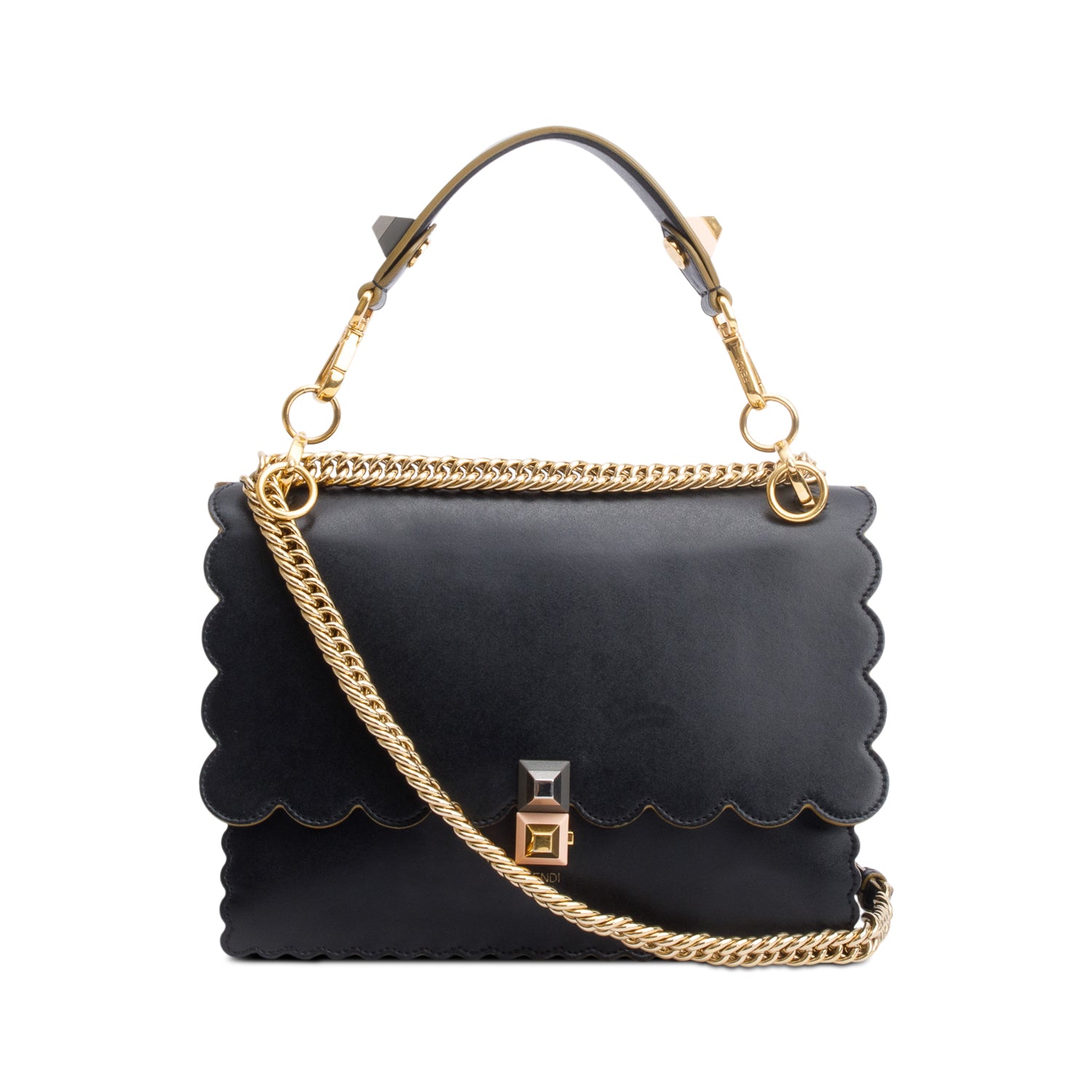 Fendi Black Calfskin Leather Medium Kan I Scallop Shoulder Bag