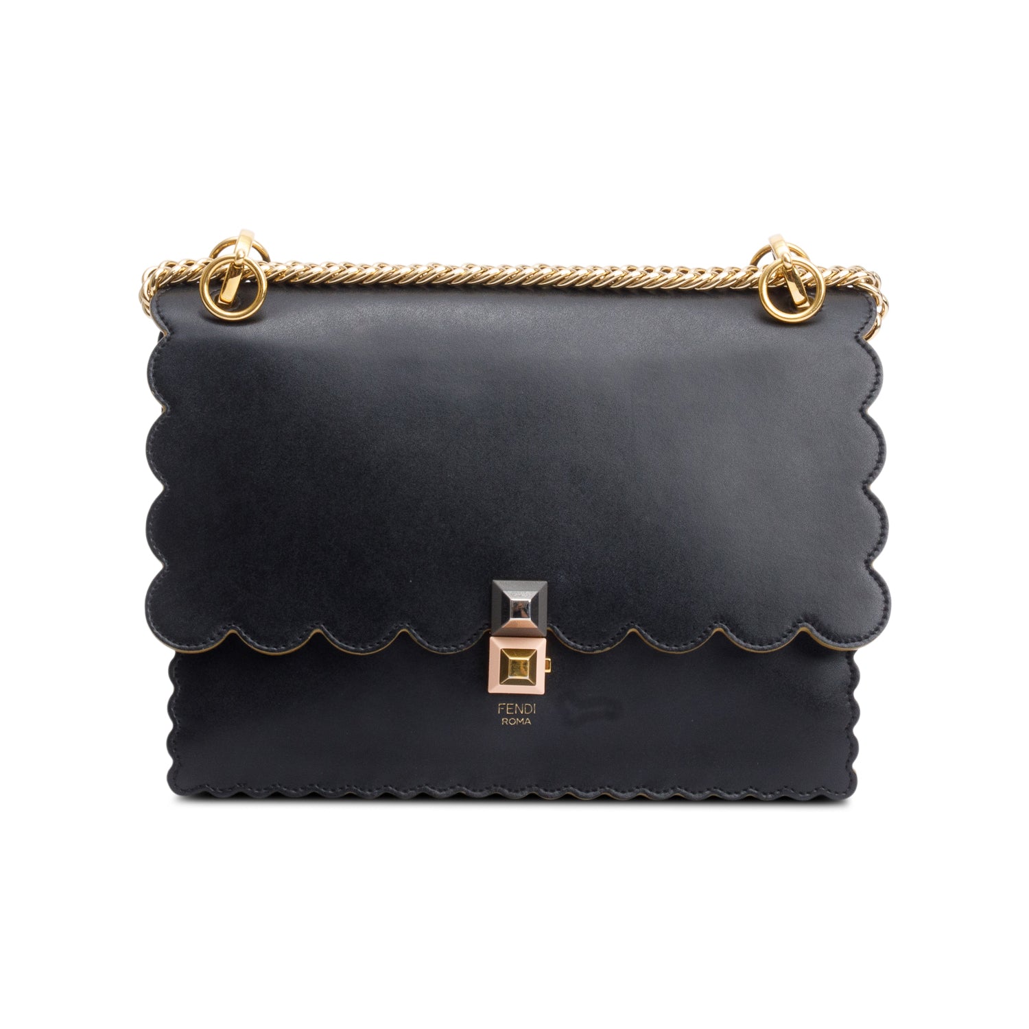 Fendi Black Calfskin Leather Medium Kan I Scallop Shoulder Bag