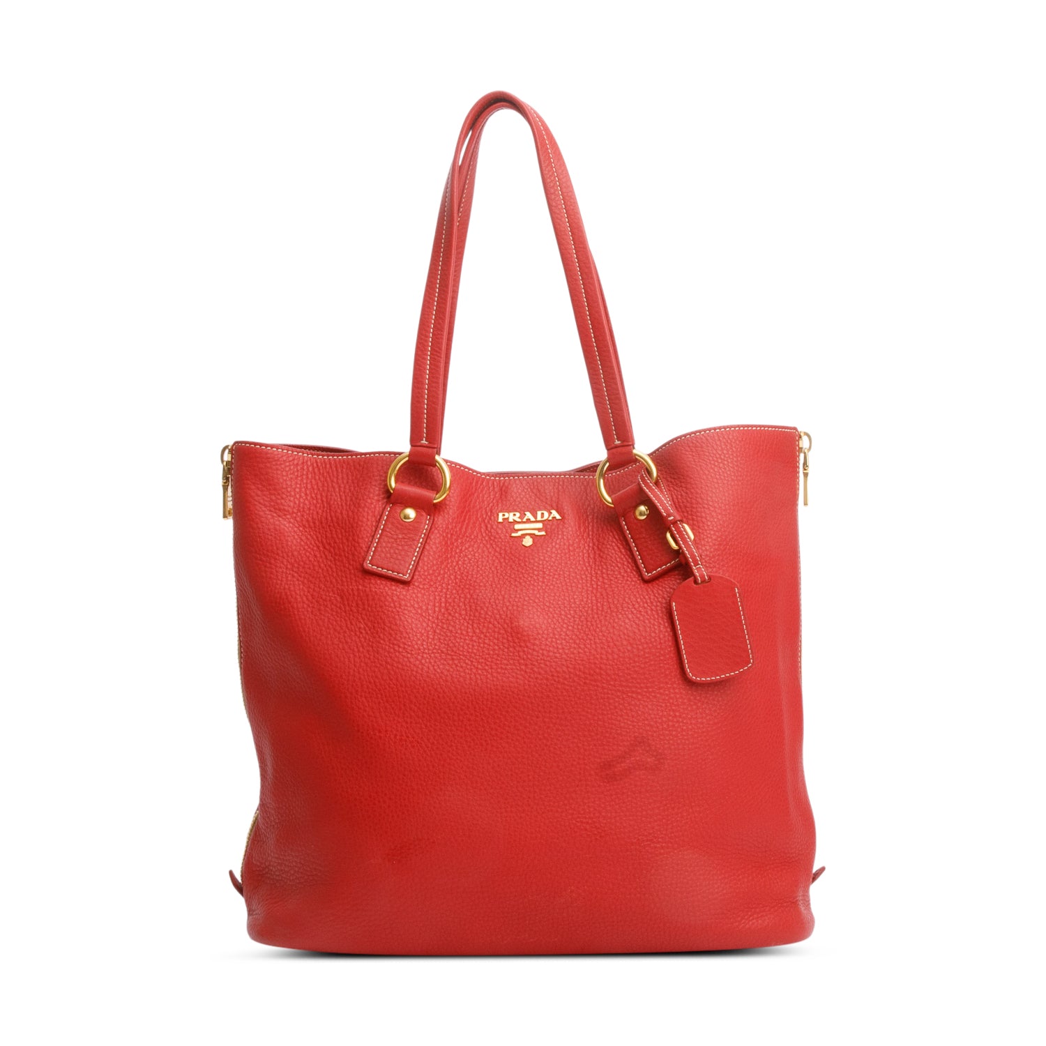 Prada Red Vitello Daino Leather Side Zip Tote w/ Authenticity Card