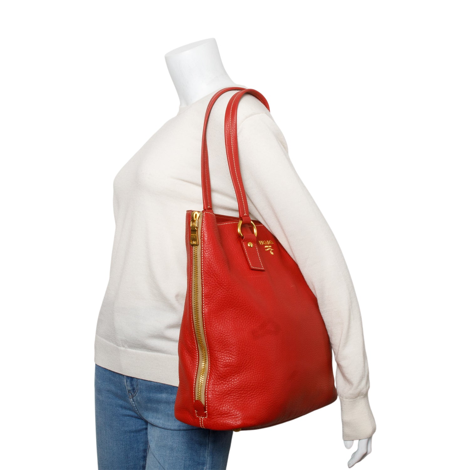 Prada Red Vitello Daino Leather Side Zip Tote w/ Authenticity Card