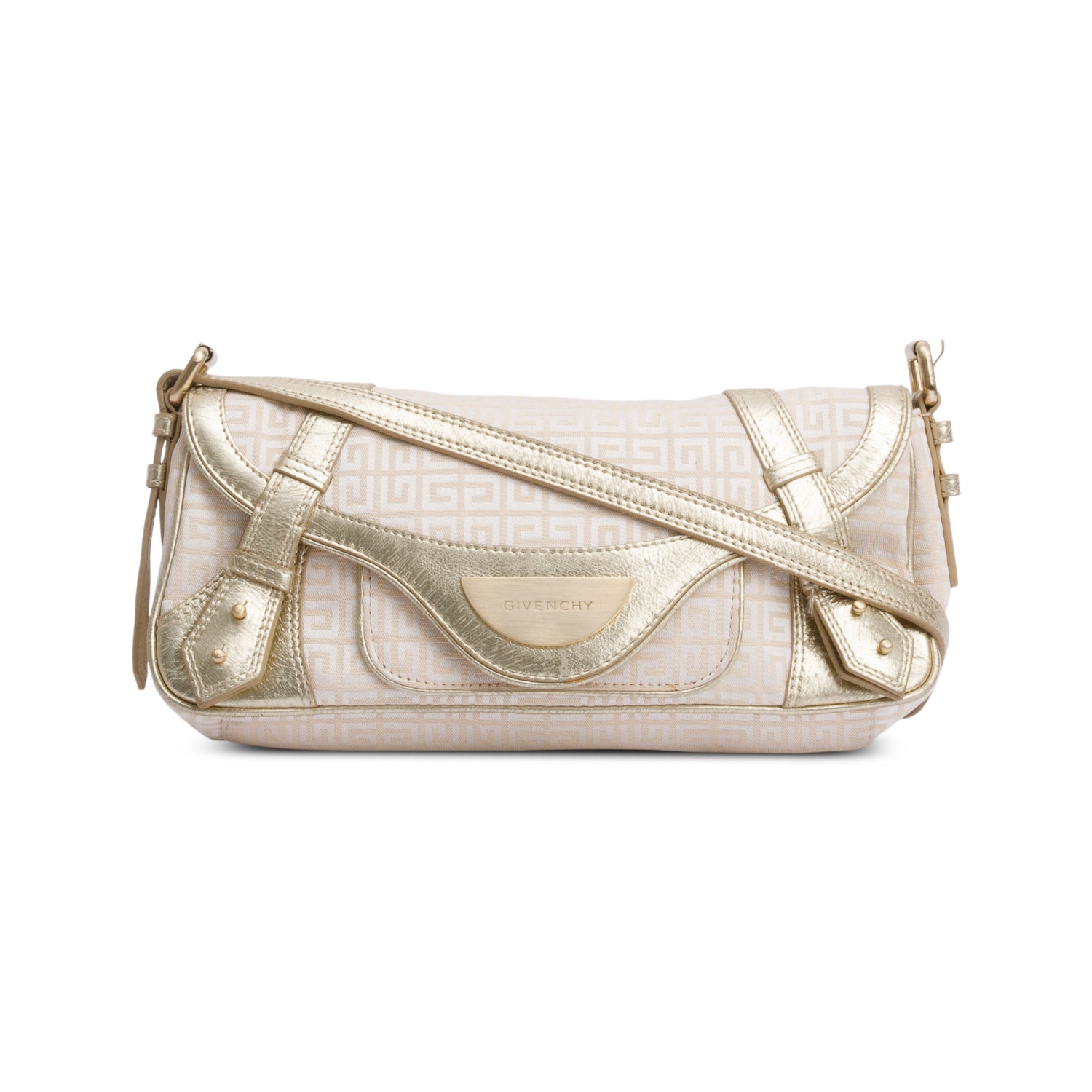 Givenchy Beige G Canvas Gold Leather Trim Baguette Flap Bag