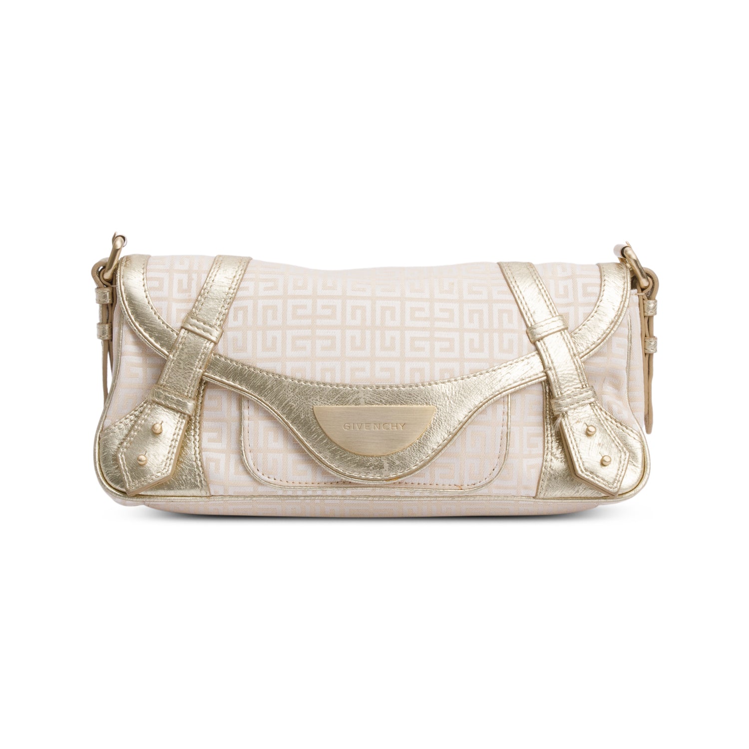 Givenchy Beige G Canvas Gold Leather Trim Baguette Flap Bag