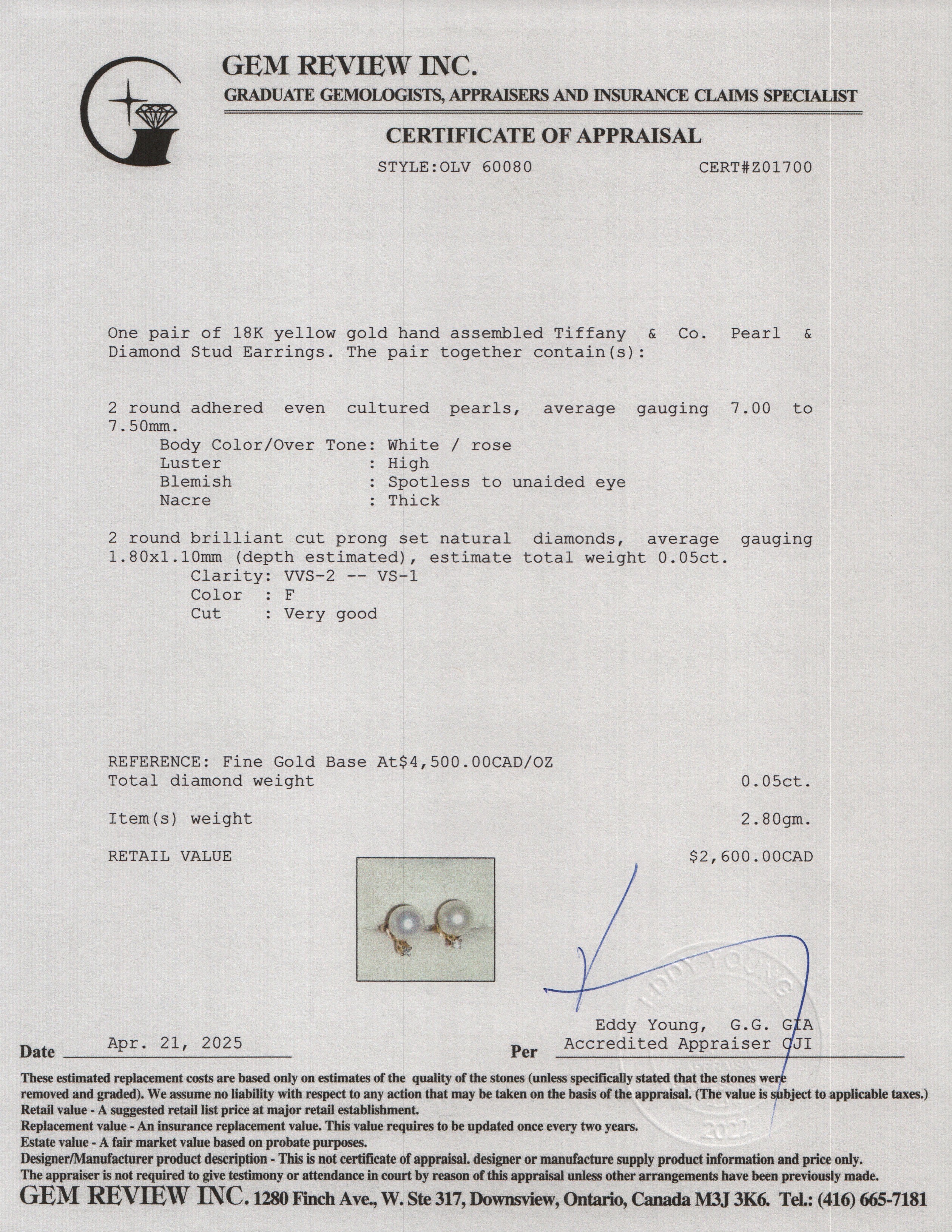 Tiffany & Co. 18k Yellow Gold Pearl & Diamond Stud Earrings w/ Box