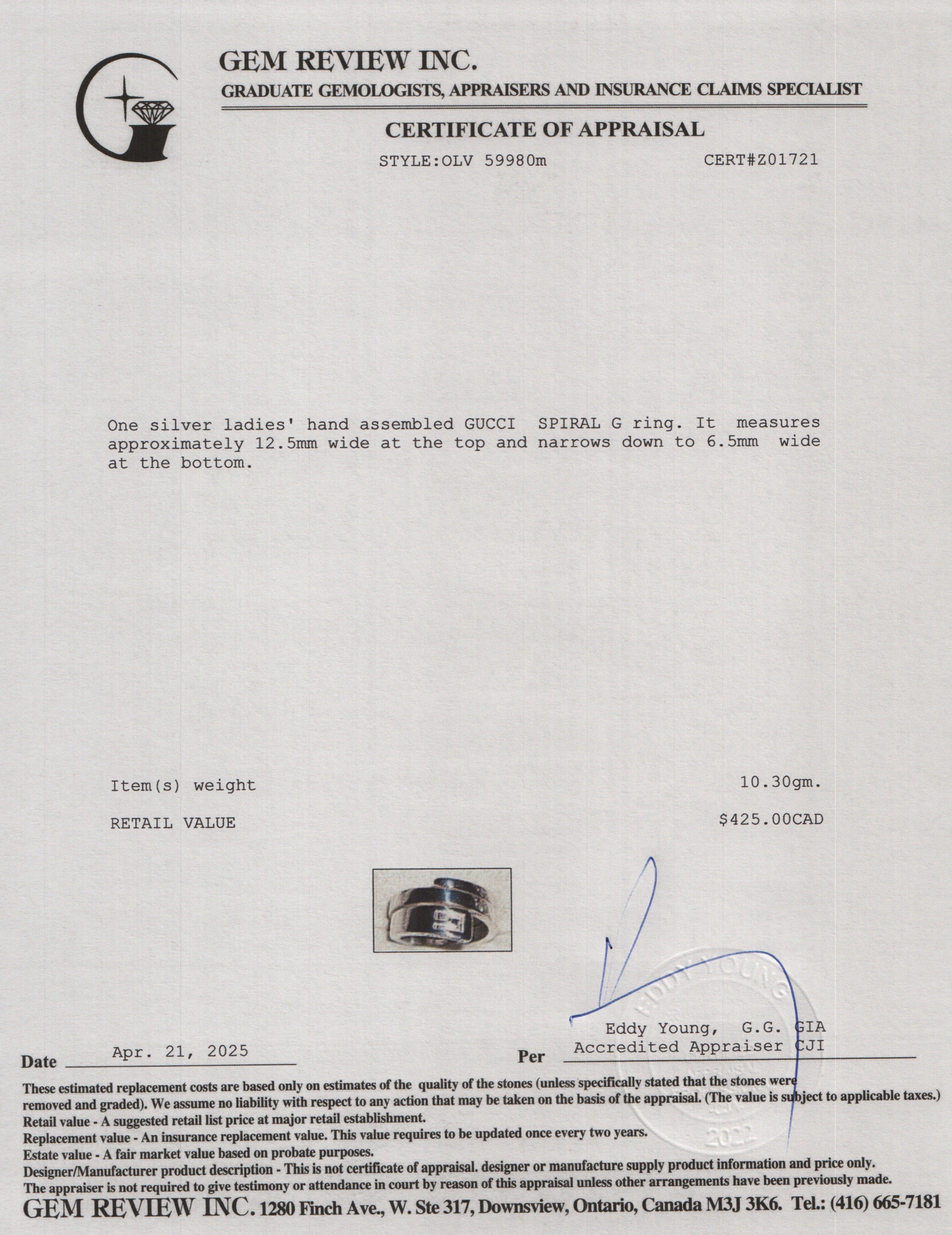 Gucci Sterling Silver G Spiral Ring, Size 5.5 w/ Box