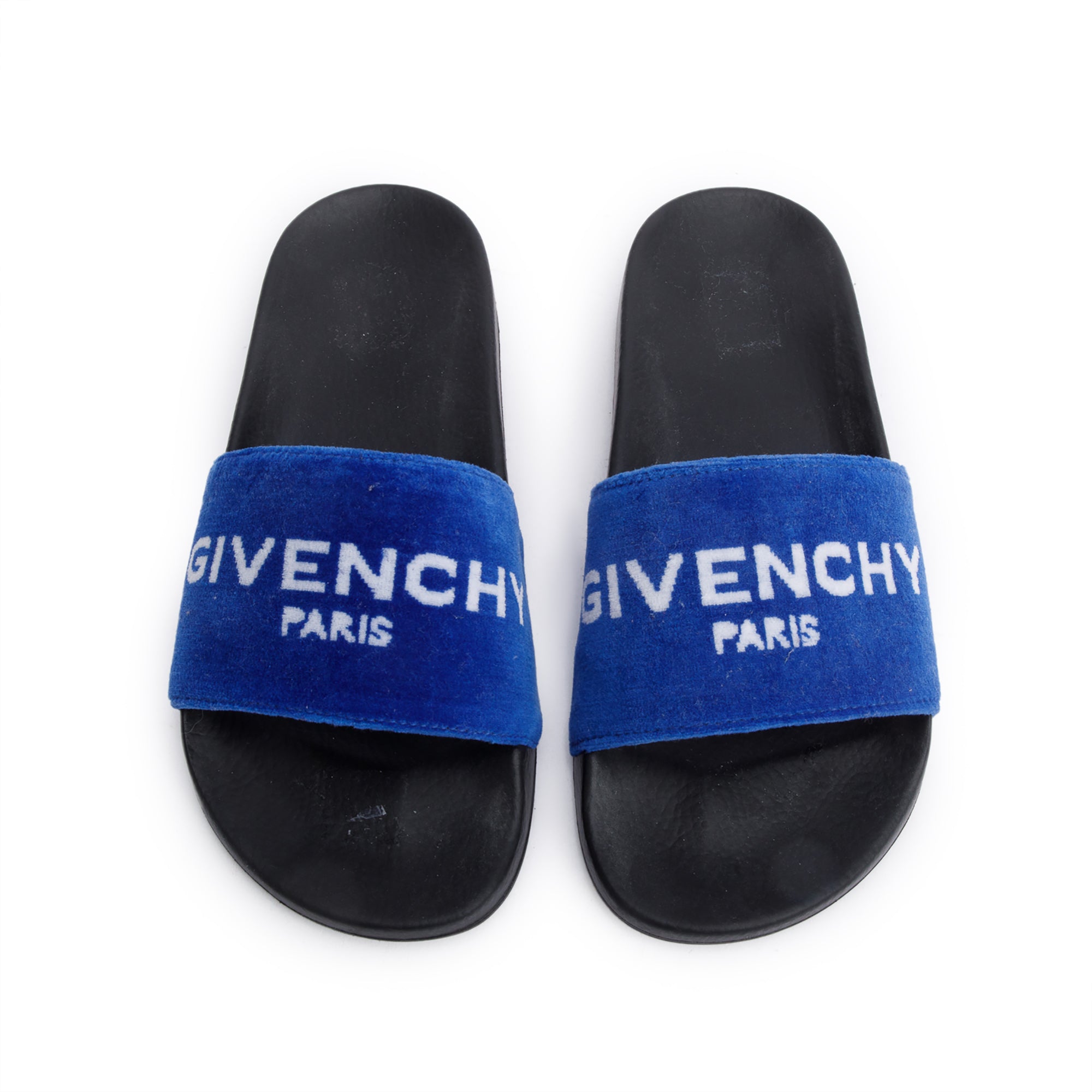 Givenchy Black Rubber Blue Velvet Logo Slides, Size 37 w/ Box