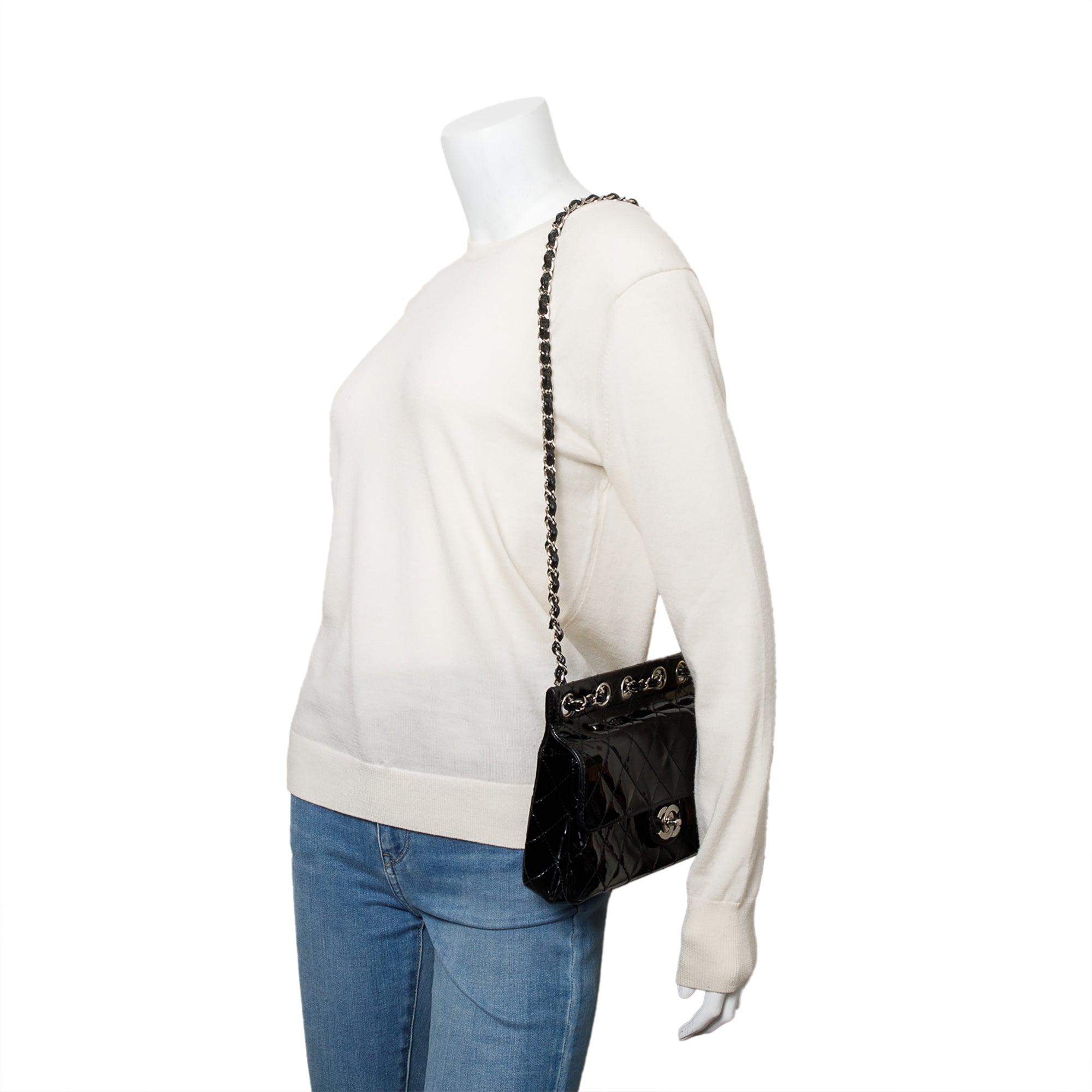 Chanel Black Quilted Patent Leather Chain Through Flap Bag w/ Authenticity Card