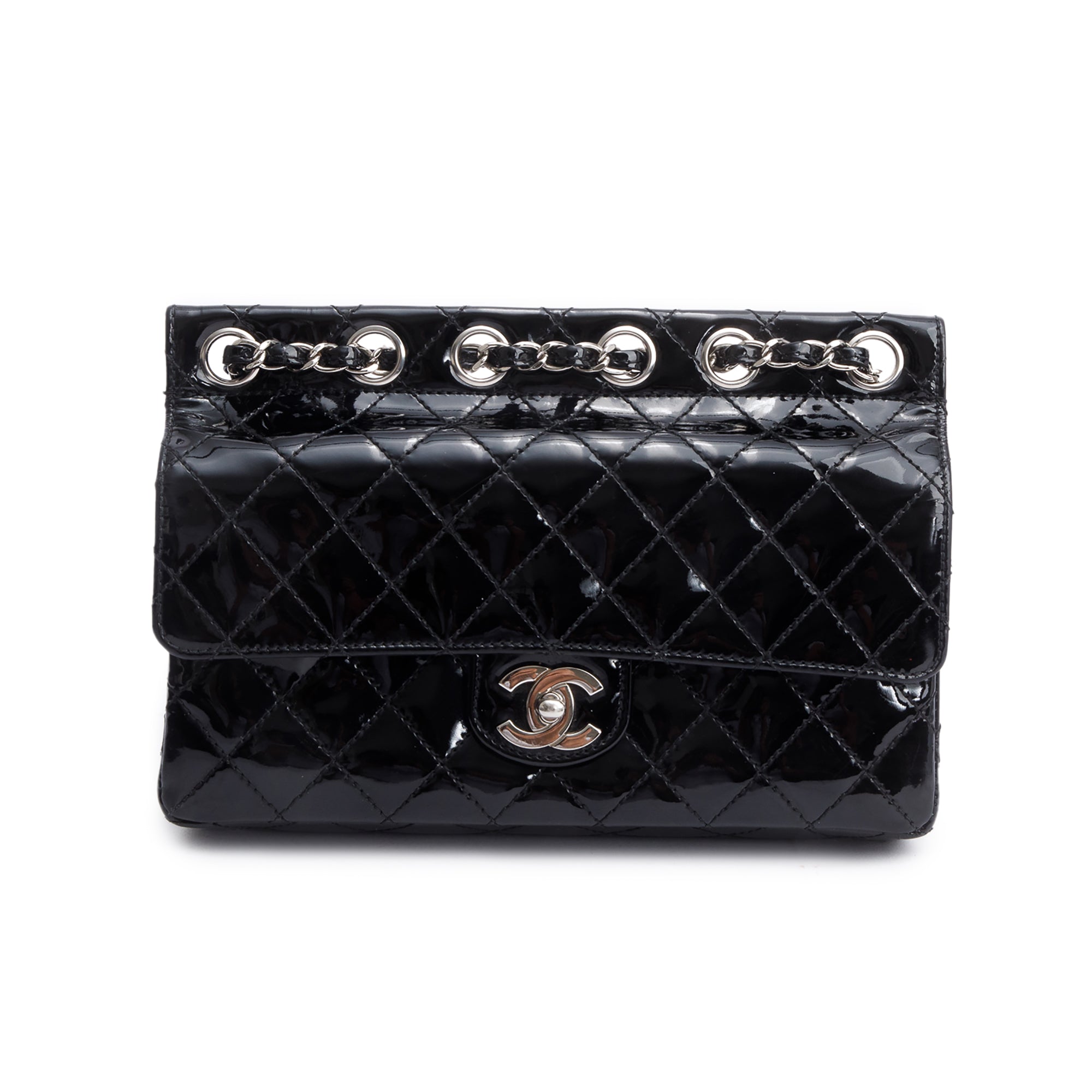 Chanel Black Quilted Patent Leather Chain Through Flap Bag w/ Authenticity Card