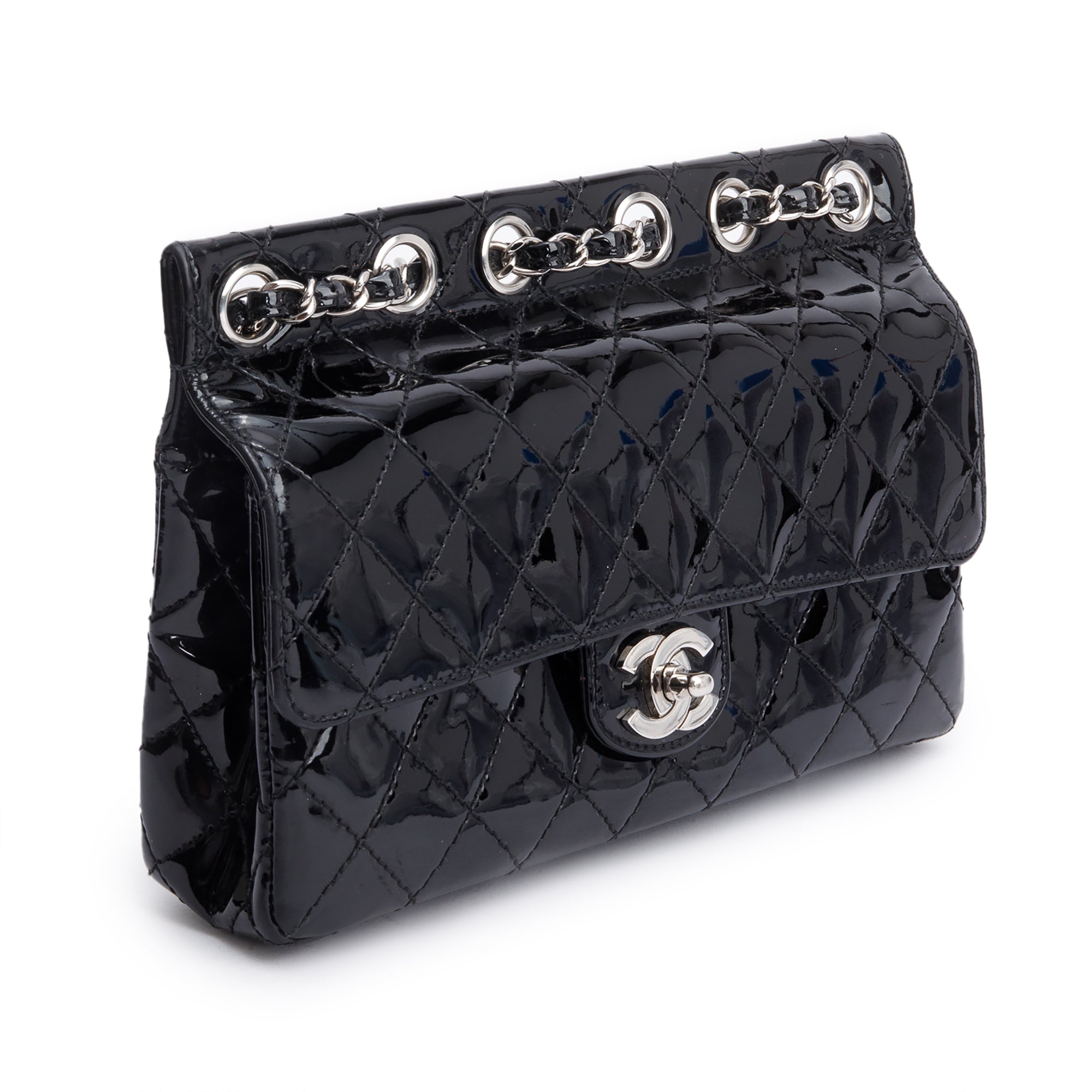 Chanel Black Quilted Patent Leather Chain Through Flap Bag w/ Authenticity Card