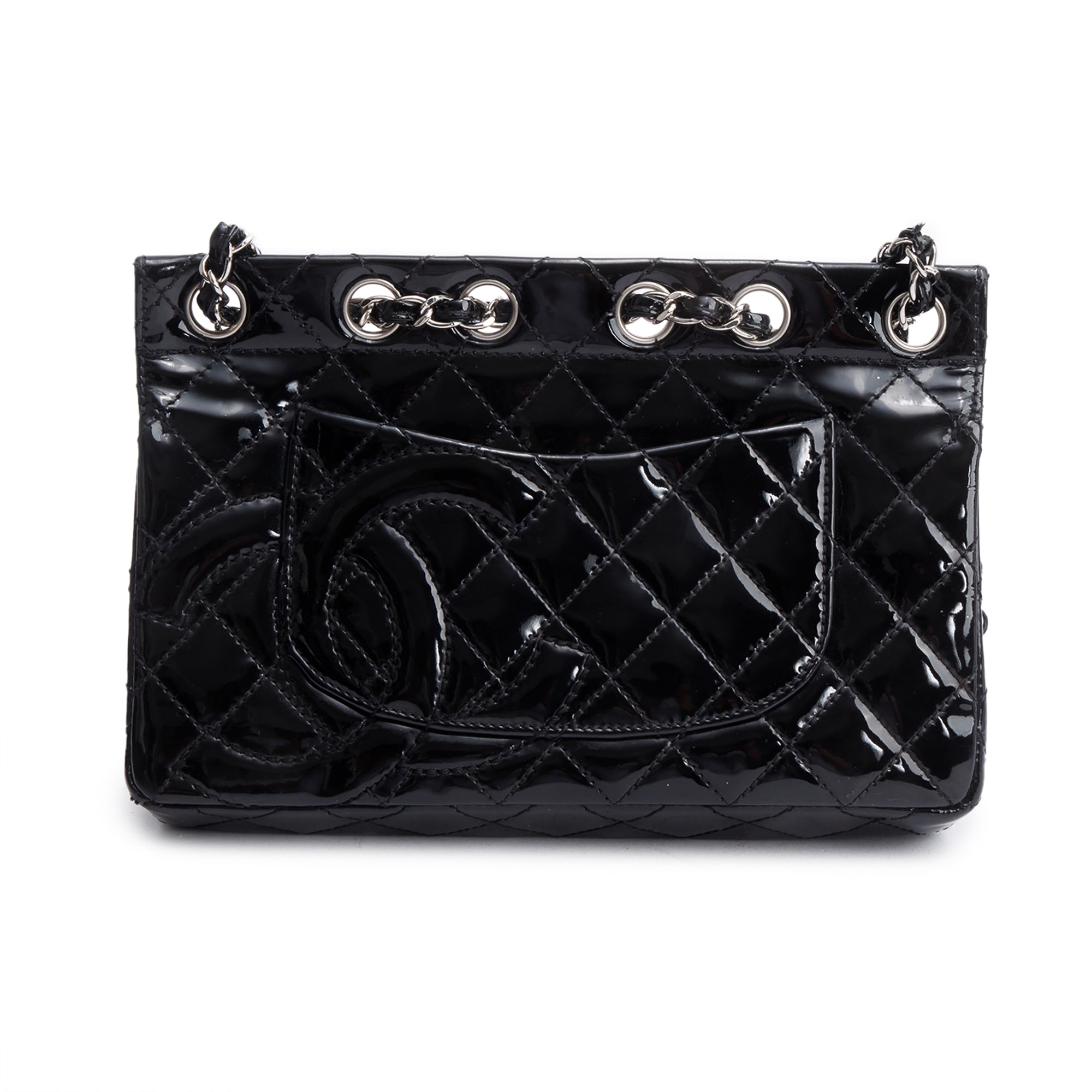 Chanel Black Quilted Patent Leather Chain Through Flap Bag w/ Authenticity Card