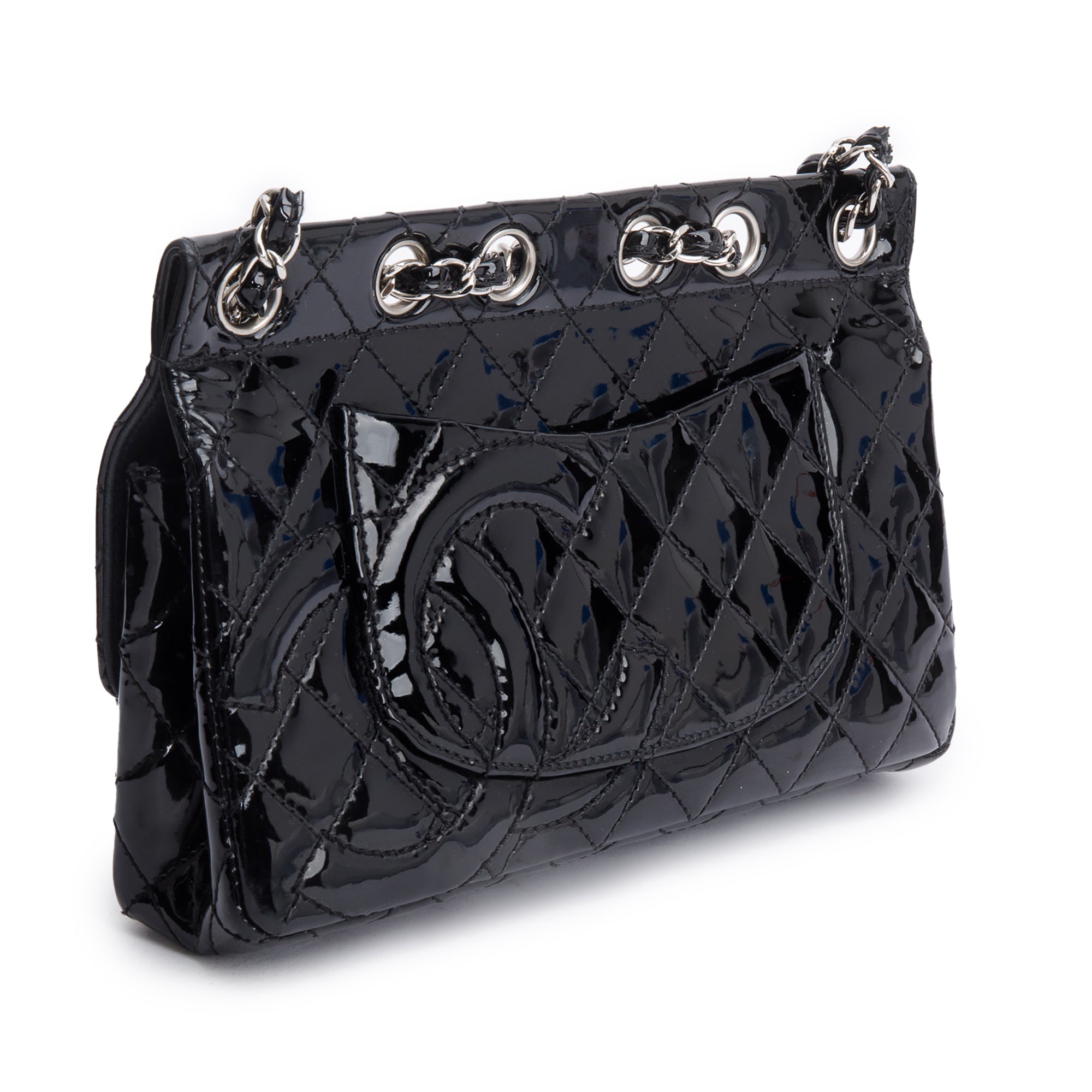 Chanel Black Quilted Patent Leather Chain Through Flap Bag w/ Authenticity Card