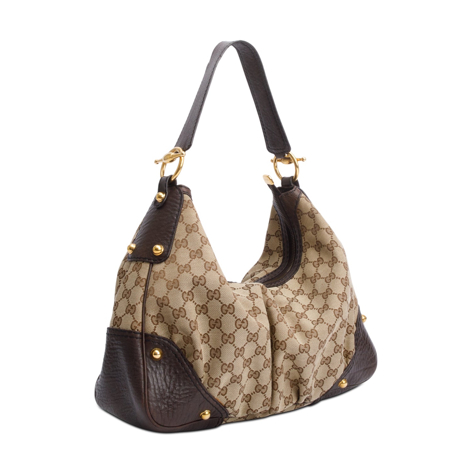 Gucci GG Canvas Brown Leather Trim Medium Jockey Hobo