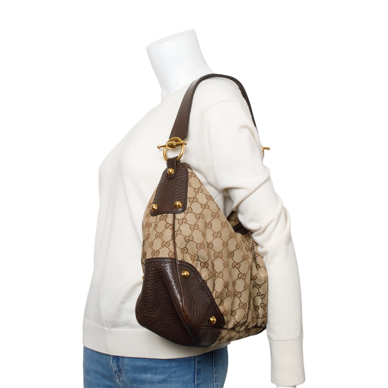 Gucci GG Canvas Brown Leather Trim Medium Jockey Hobo
