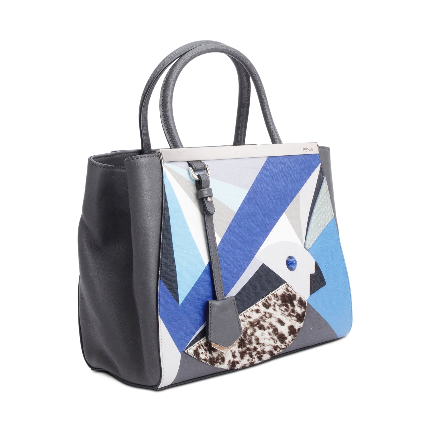 Fendi Grey Vitello Elite Leather Pony Hair & Python Trim Bird Petite 2Jours Tote w/ Strap