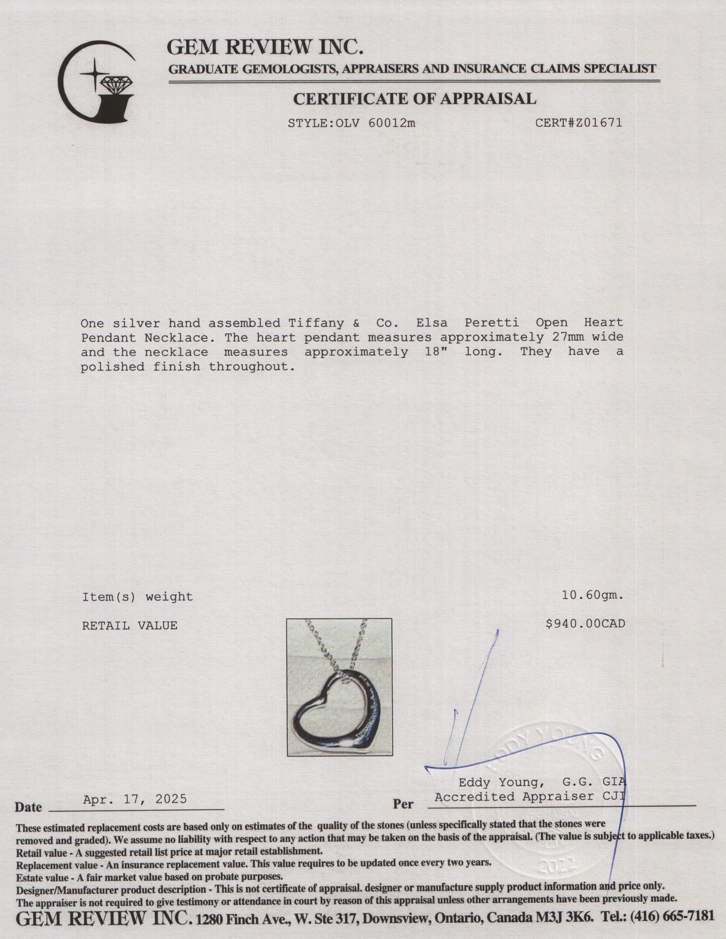 Tiffany & Co. Sterling Silver Elsa Peretti Open Heart Pendant Necklace, 27 MM