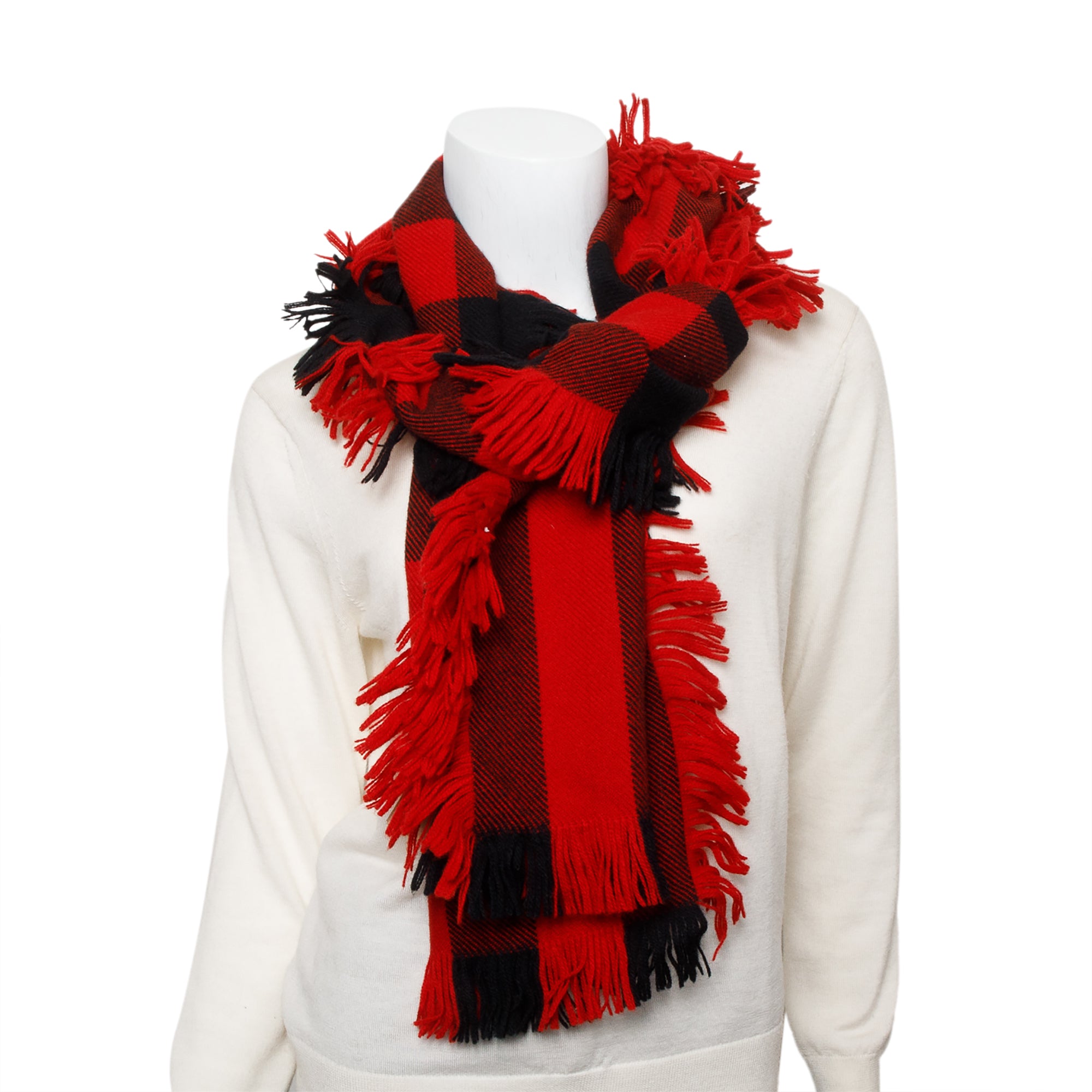 Burberry Red Half Mega Check Fringe Wool Scarf