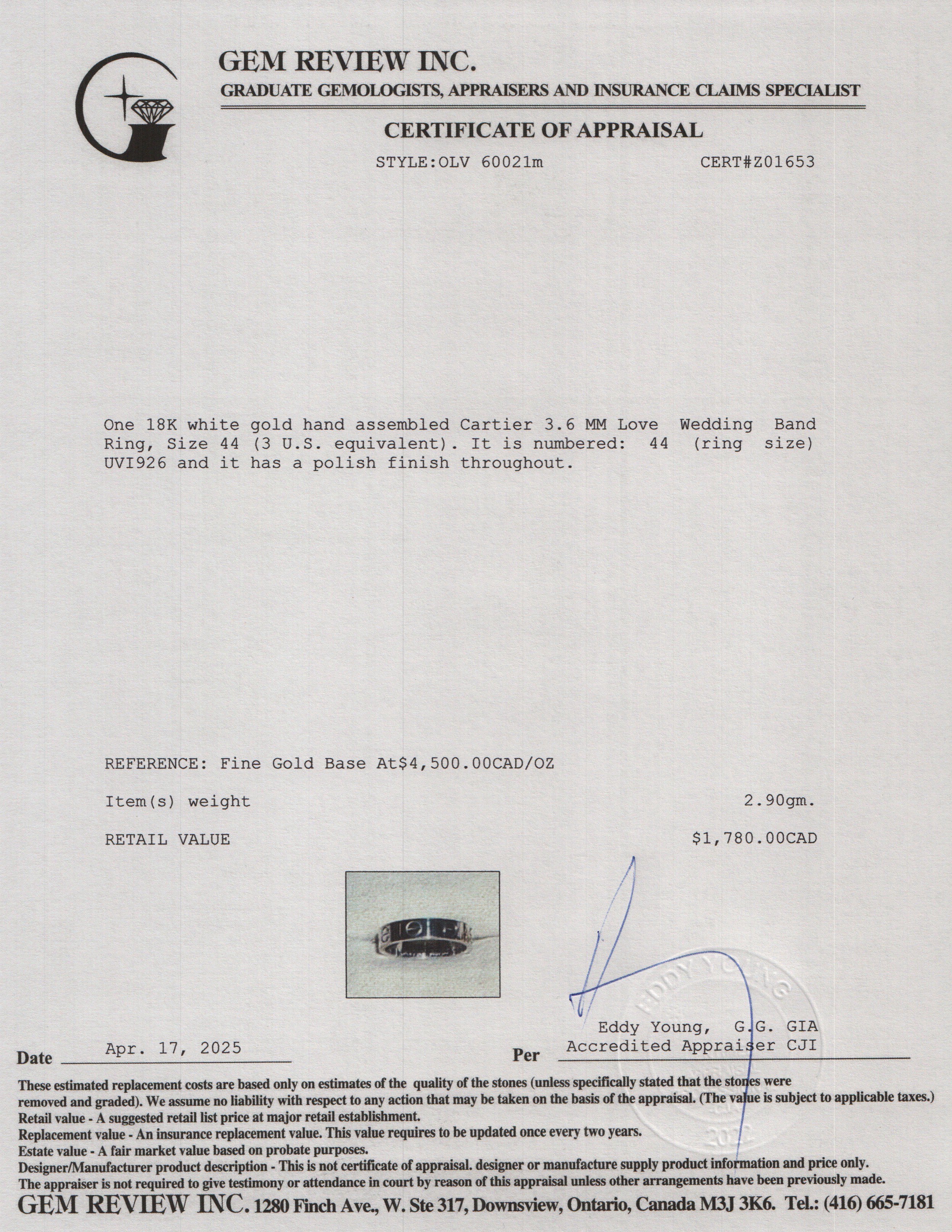 Cartier 2023 18k White Gold 3.6 MM Love Wedding Band Ring, Size 44 3 w/ Box, Receipt & Certificate