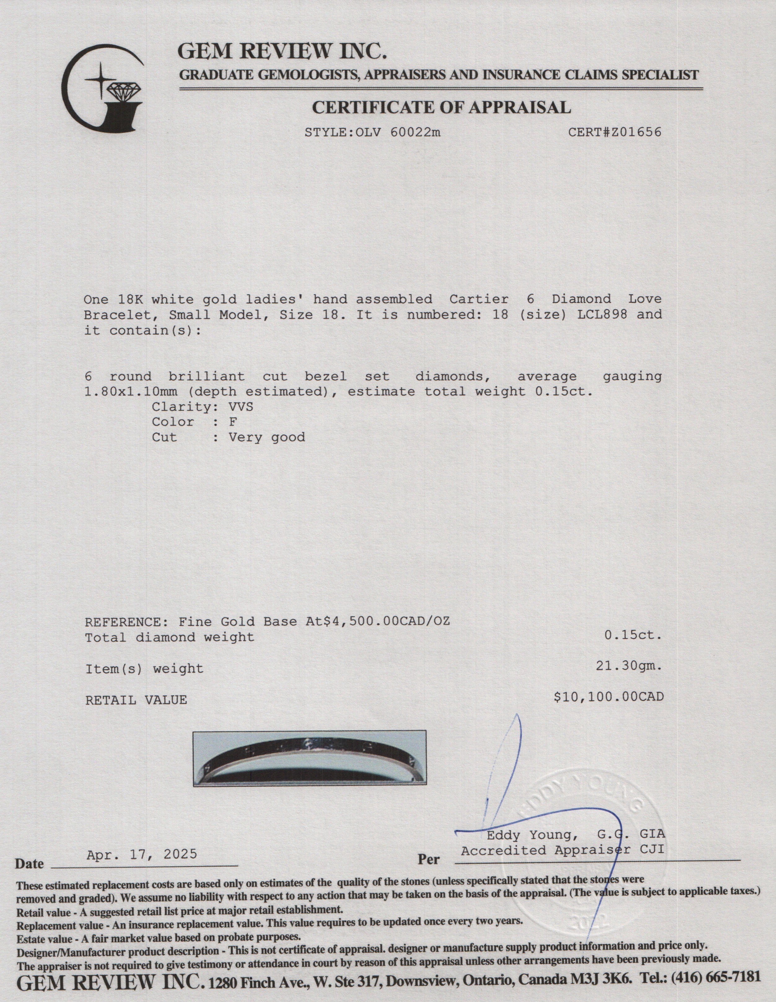 Cartier 18k White Gold 6 Diamond Love Bracelet, Small Model, Size 18 w/ Receipt & Certificate