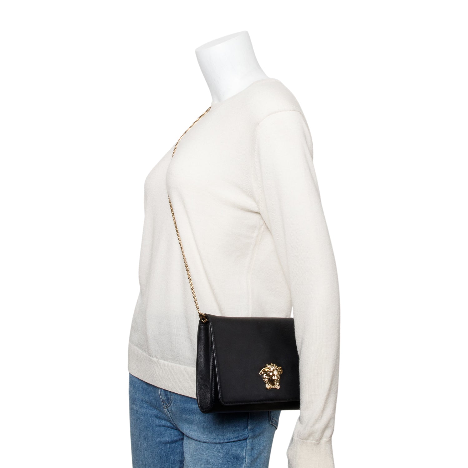 Versace Black Leather La Medusa Chain Clutch Bag w/ Authentcity Card