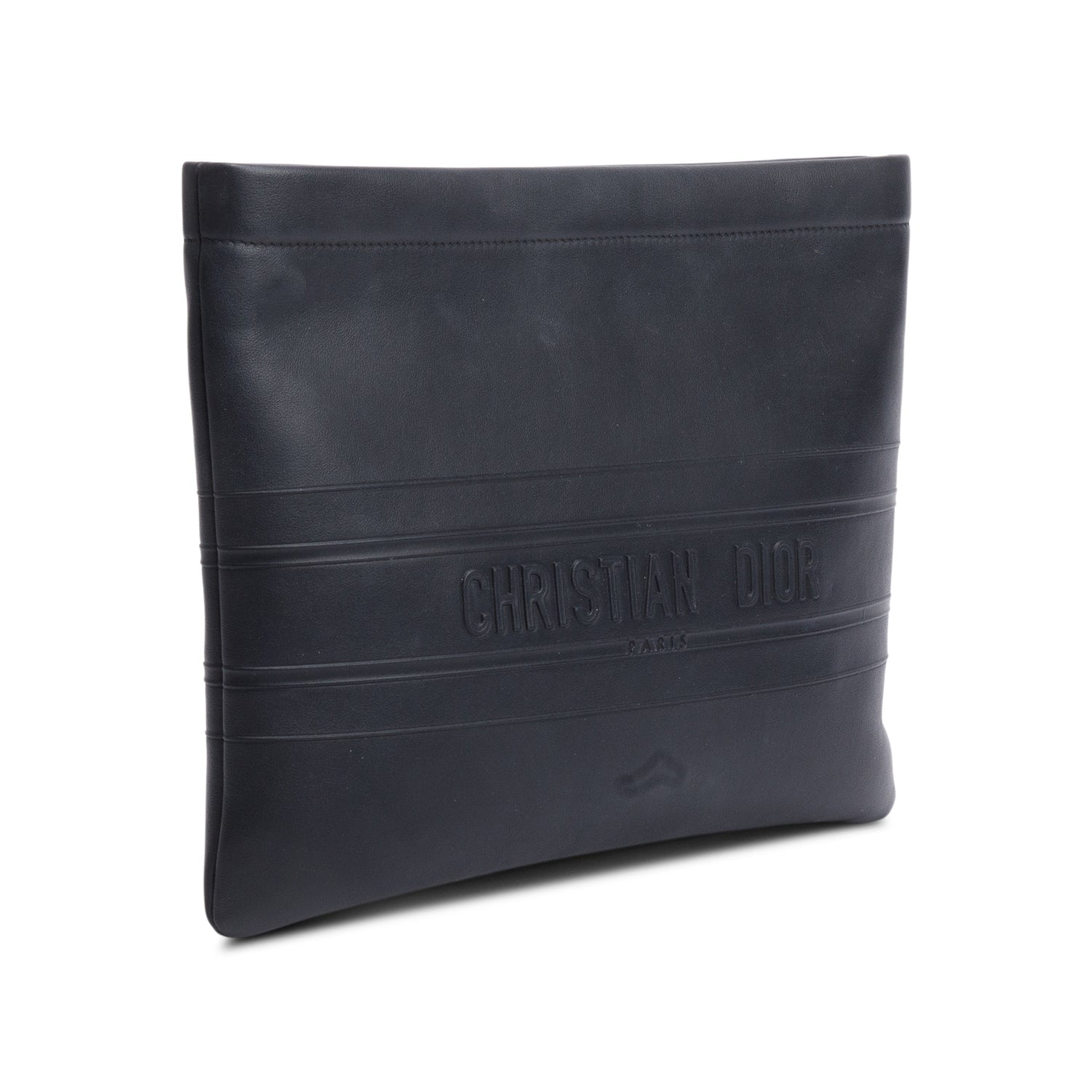 Christian Dior Black calfskin Leather Logo Strip Zip Pouch w/ Authenticity Card