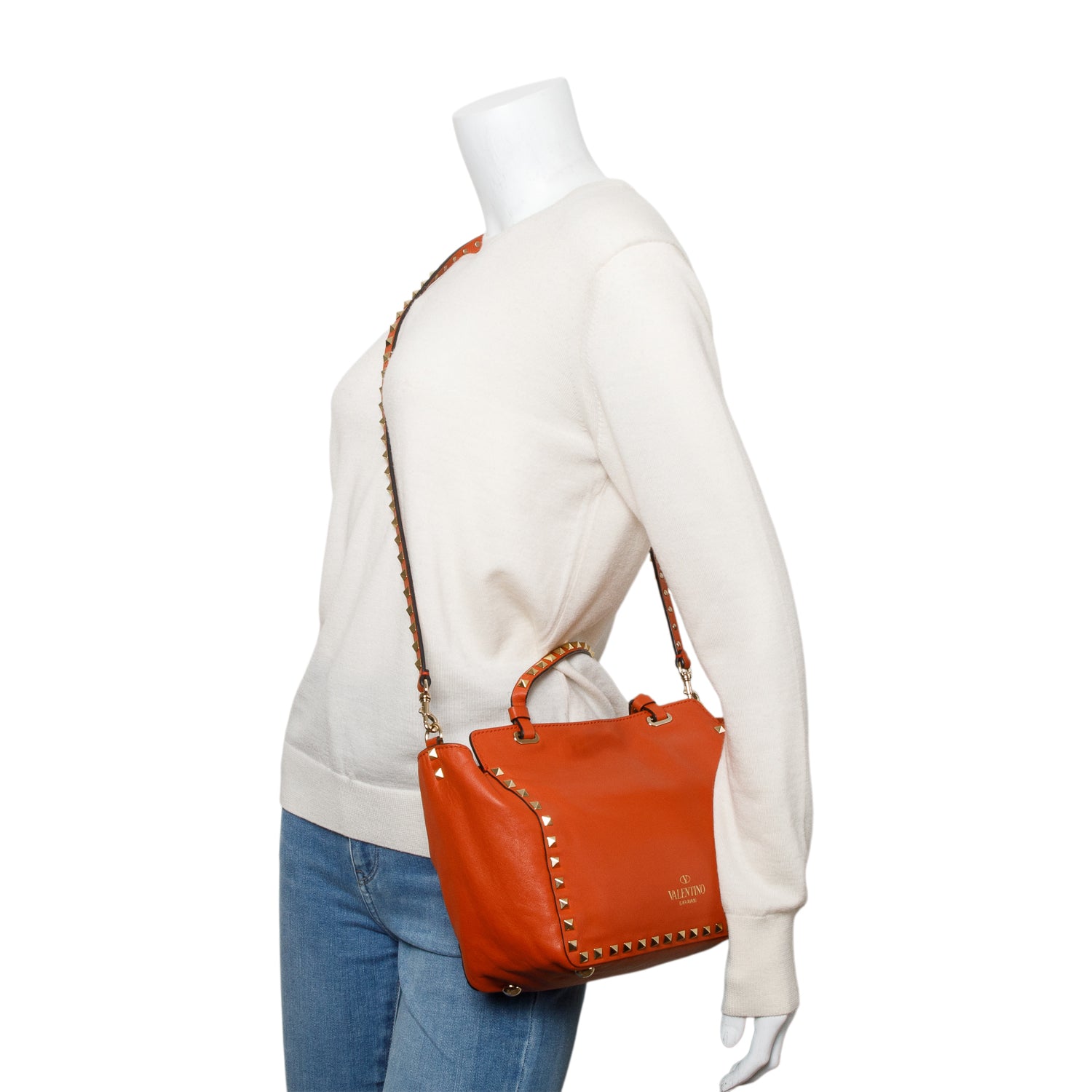 Valentino Coral Calfskin Leather Small Rockstud Tote Bag w/ Strap