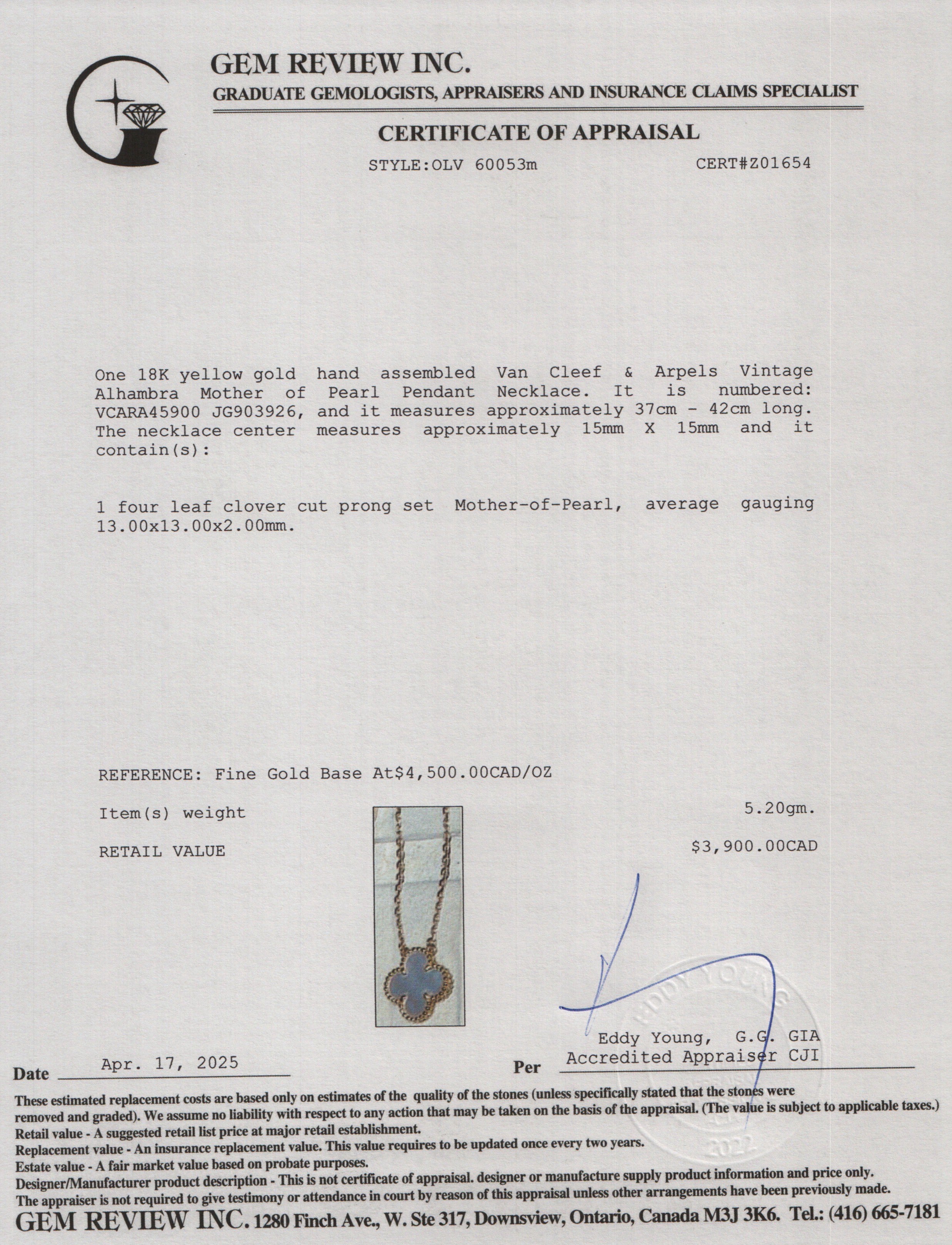 Van Cleef & Arpels 2024 18k Yellow Gold Vintage Alhambra Mother of Pearl Pendant Necklace w/ Box, Certificate & Receipt