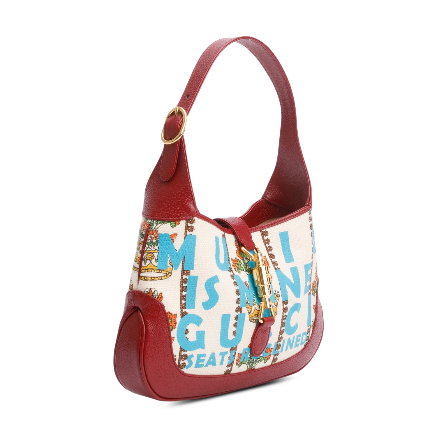 Gucci Neutral & Multicolor Music Is Mine Canvas Red Leather Trim Small Jackie 1961 Shoulder Bag w/ Strap