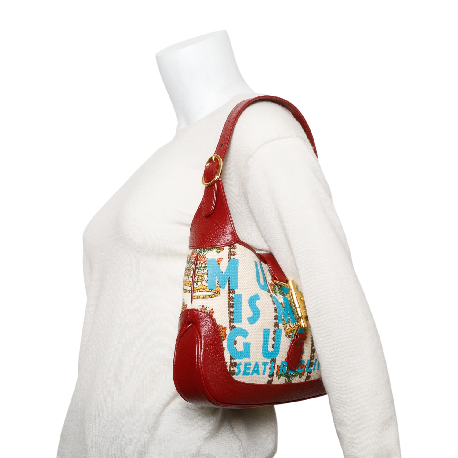 Gucci Neutral & Multicolor Music Is Mine Canvas Red Leather Trim Small Jackie 1961 Shoulder Bag w/ Strap