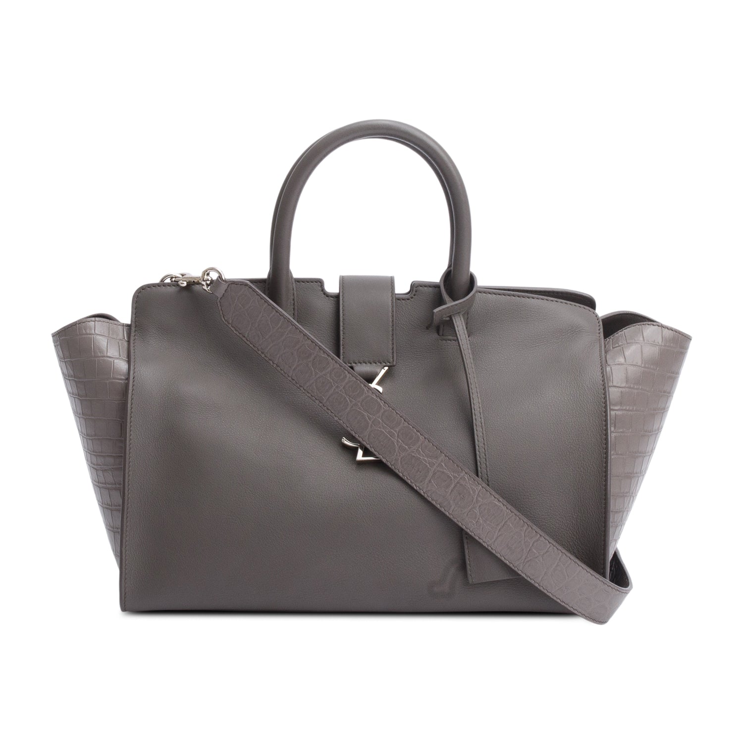 Saint Laurent Grey Calfskin and Croc Embossed Leather Downtown Baby Cabas Tote Bag w/ Strap