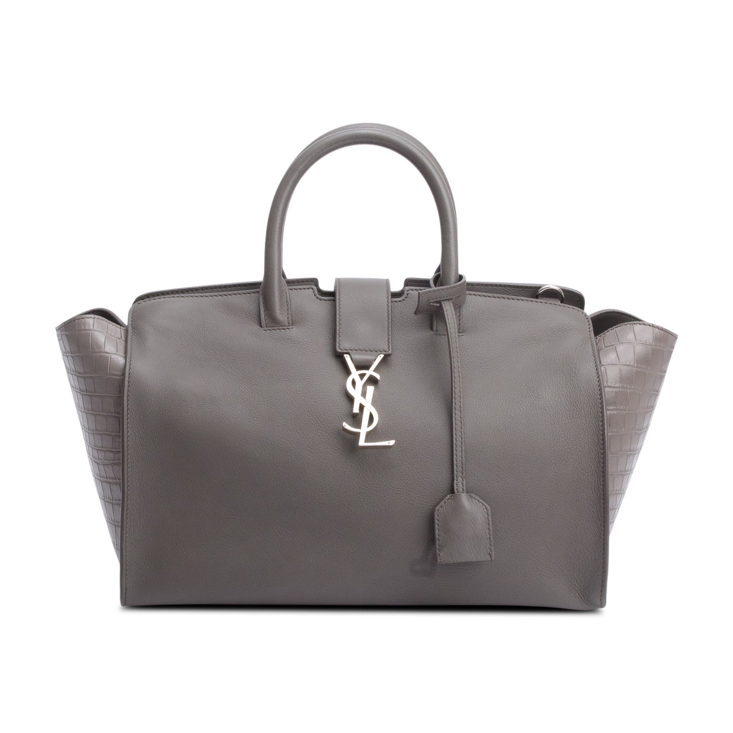 Saint Laurent Grey Calfskin and Croc Embossed Leather Downtown Baby Cabas Tote Bag w/ Strap