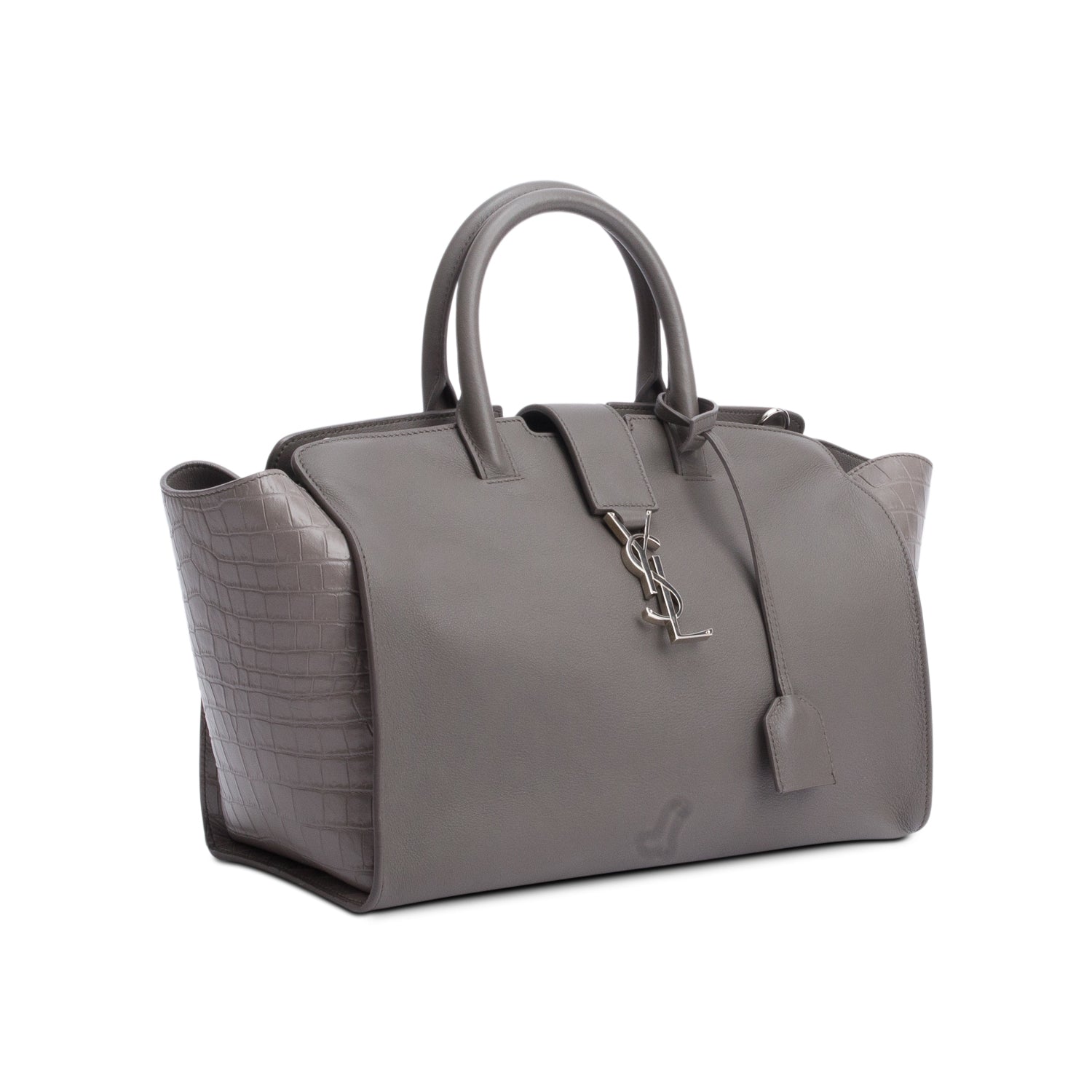 Saint Laurent Grey Calfskin and Croc Embossed Leather Downtown Baby Cabas Tote Bag w/ Strap