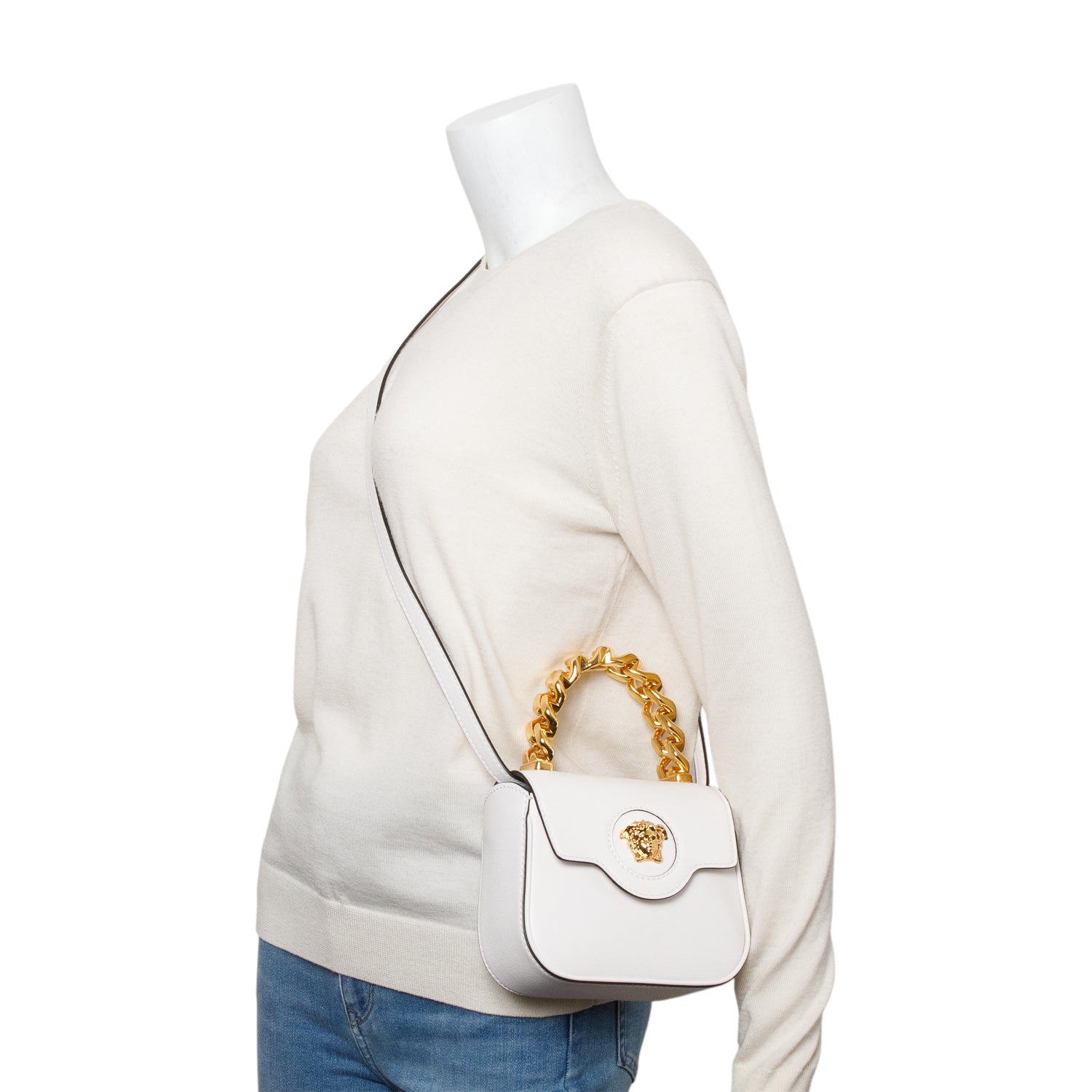 Versace White Calfskin Leather La Medusa Mini Handle Bag w/ Strap
