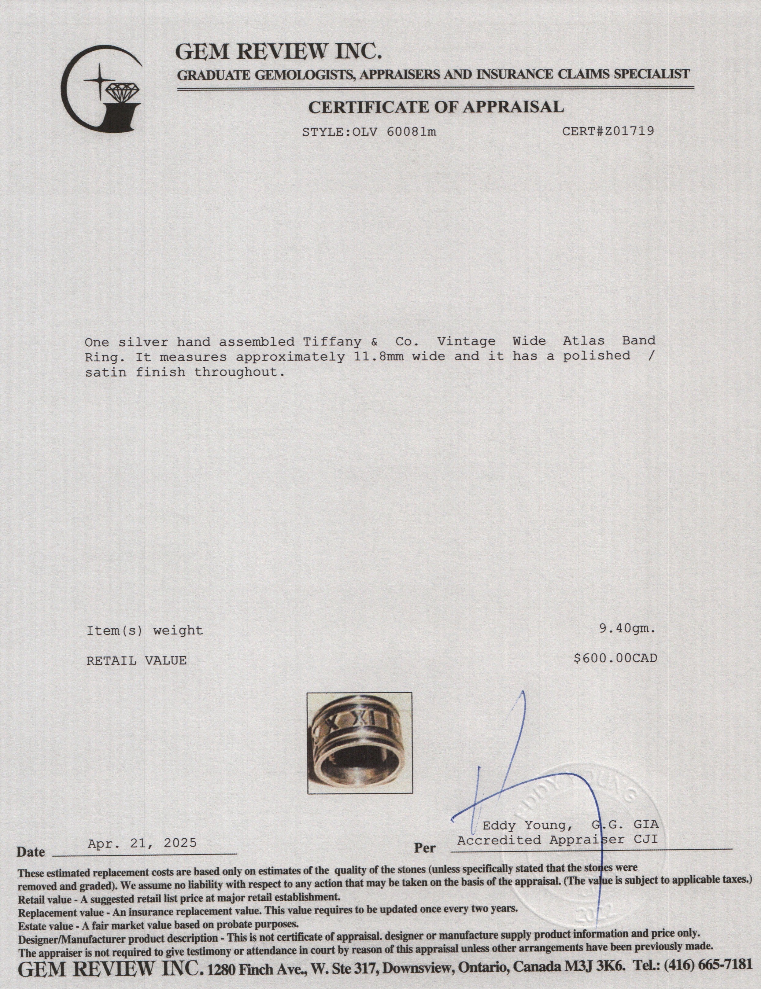 Tiffany & Co. Sterling Silver Vintage Wide Atlas Band Ring, Size 7.5