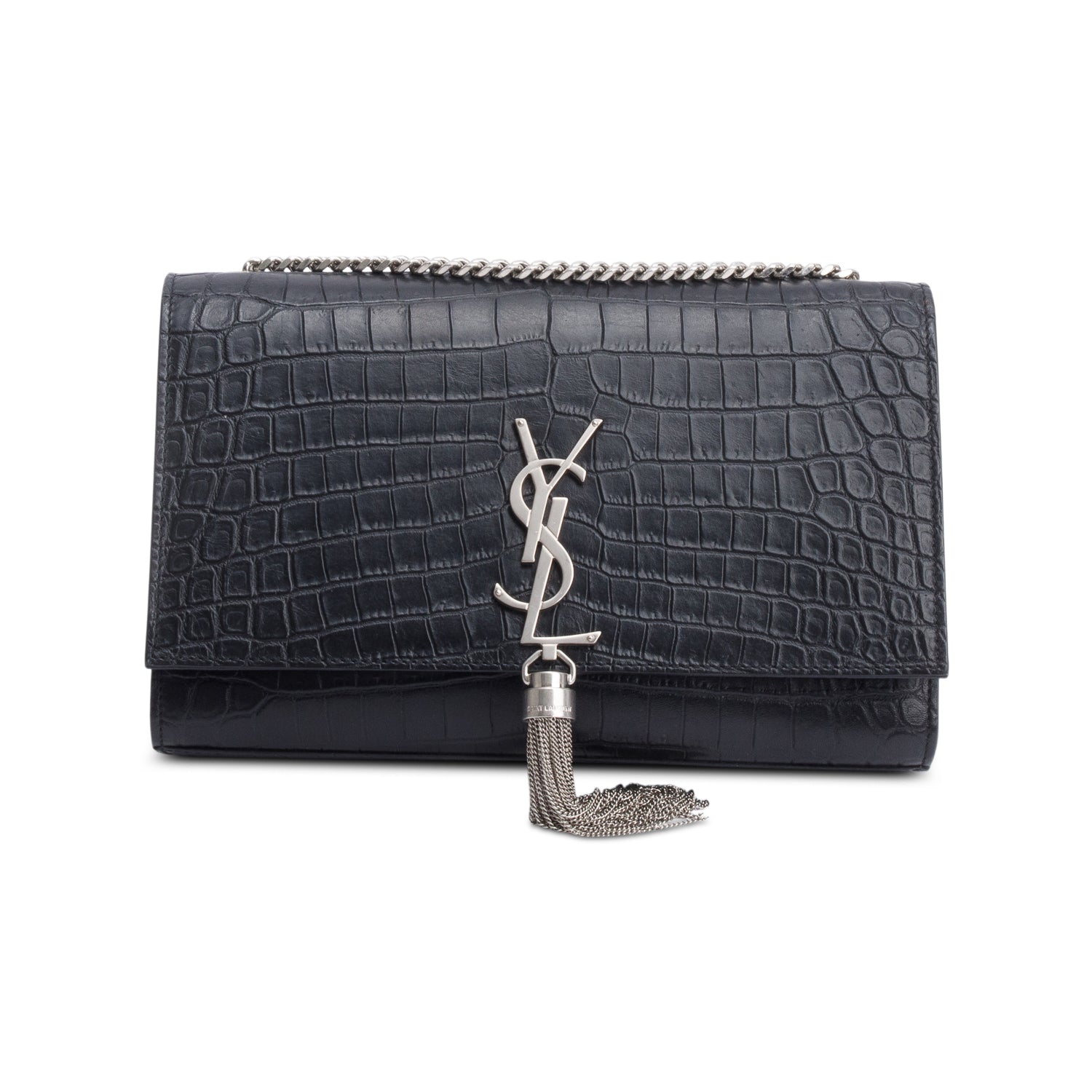 Saint Laurent Black Crocodile-Embossed Leather Medium Classic Monogram Kate Tassel Chain Bag