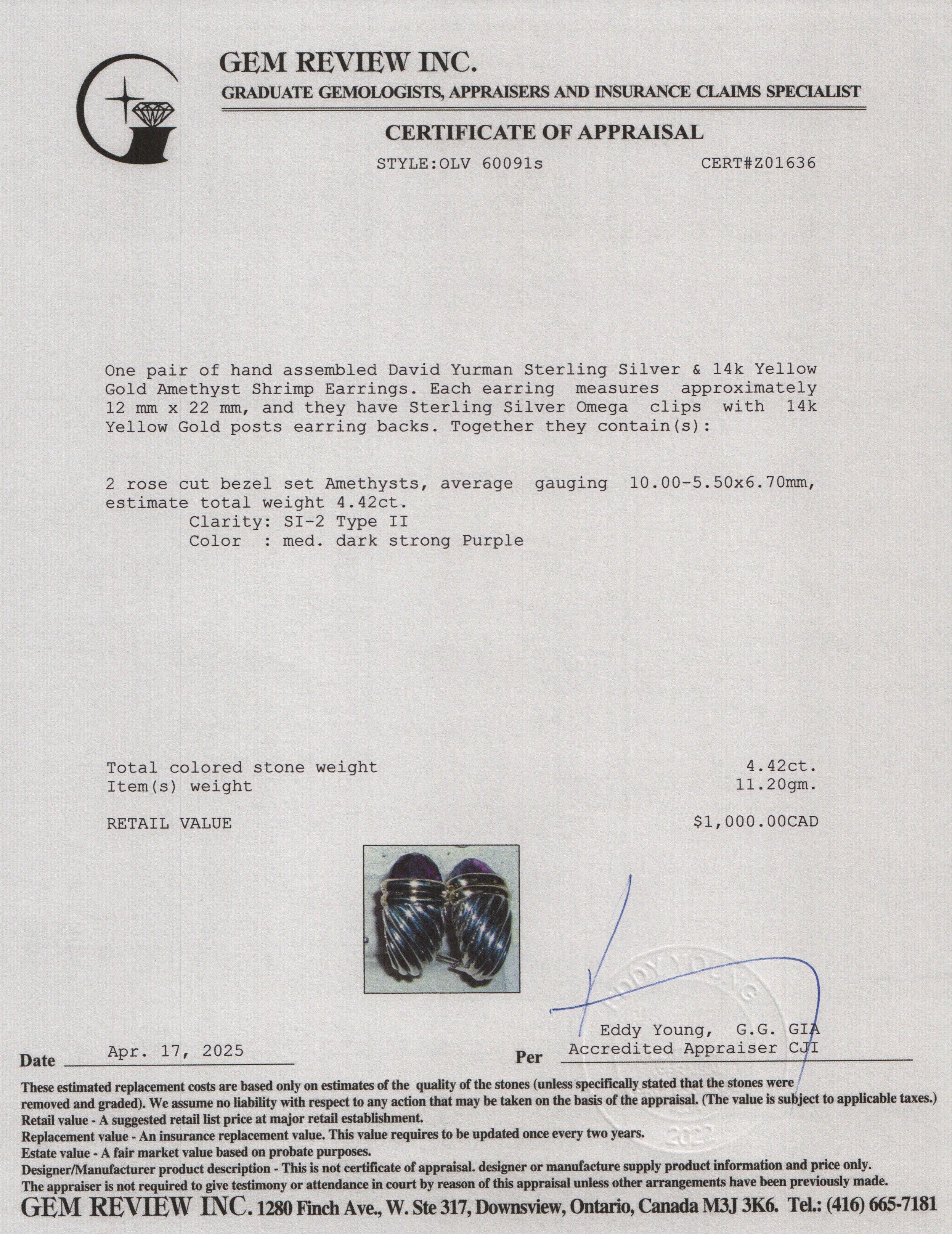 David Yurman Sterling Silver & 14k Yellow Gold Amethyst Shrimp Earrings