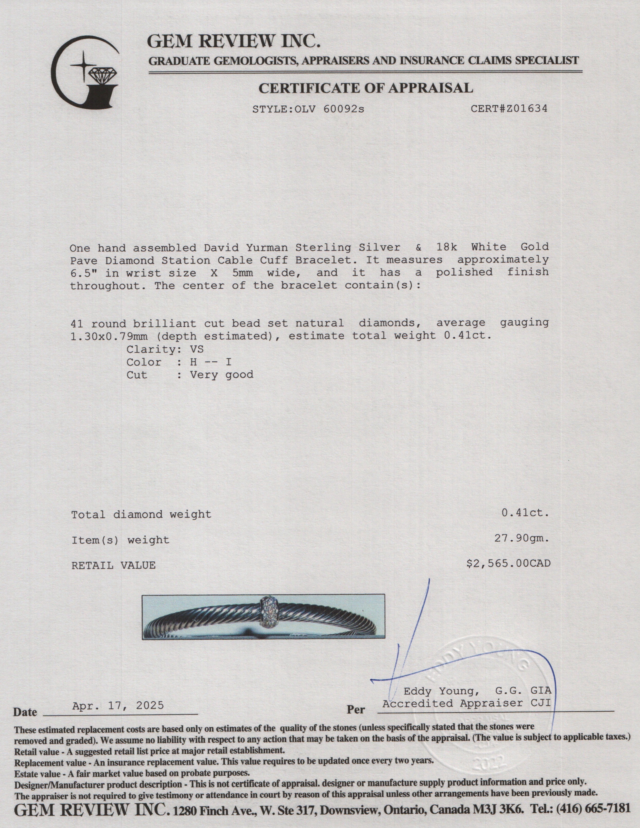 David Yurman Sterling Silver & 18k White Gold Pave Diamond Station 5 MM Cable Cuff Bracelet