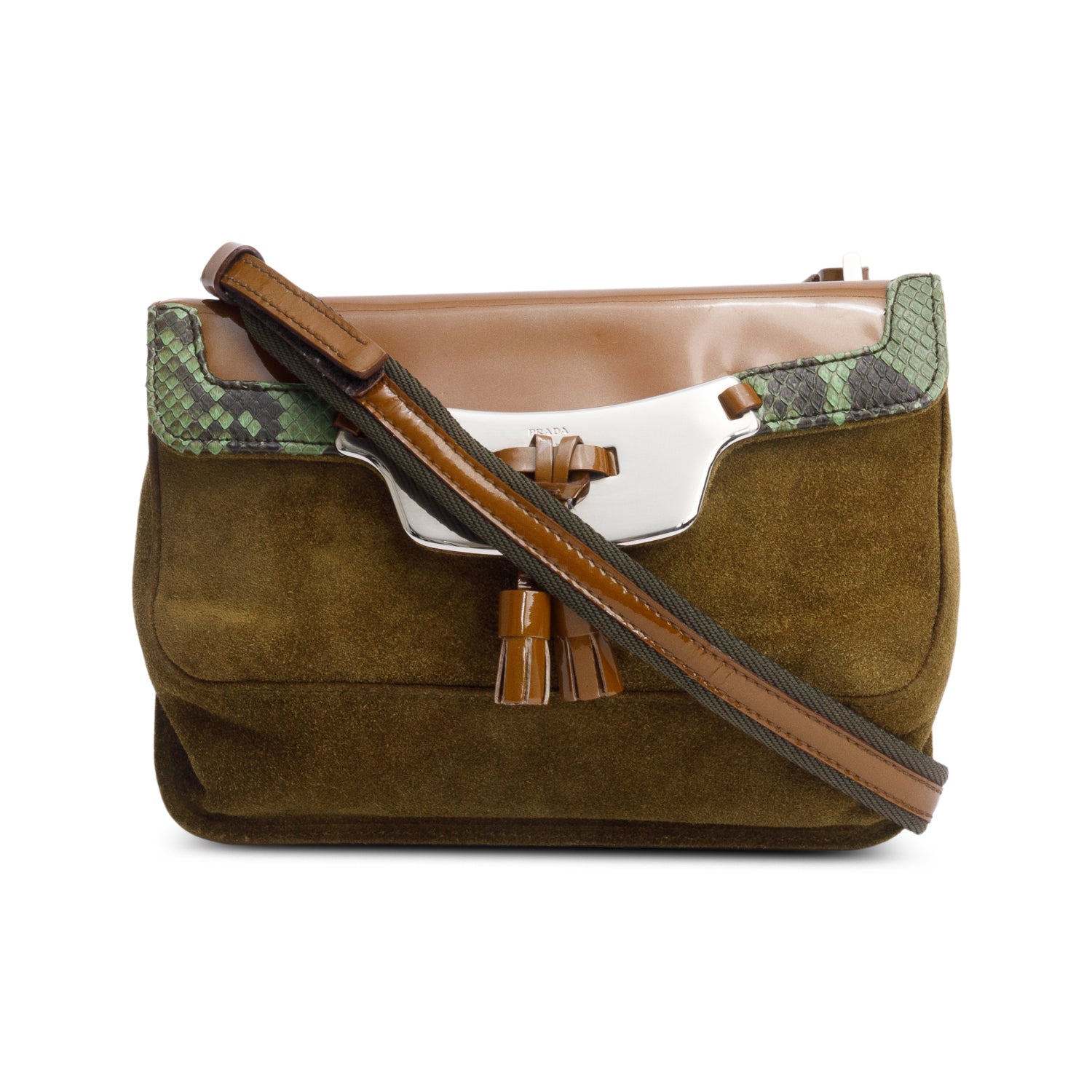 Prada Brown Brown Patent Leather Green Python and Suede Trimmed Mini Shoulder Bag