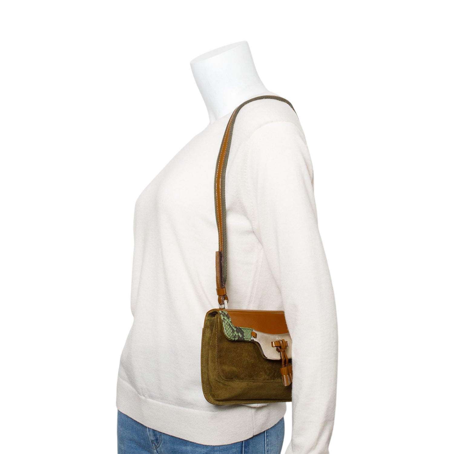 Prada Brown Brown Patent Leather Green Python and Suede Trimmed Mini Shoulder Bag