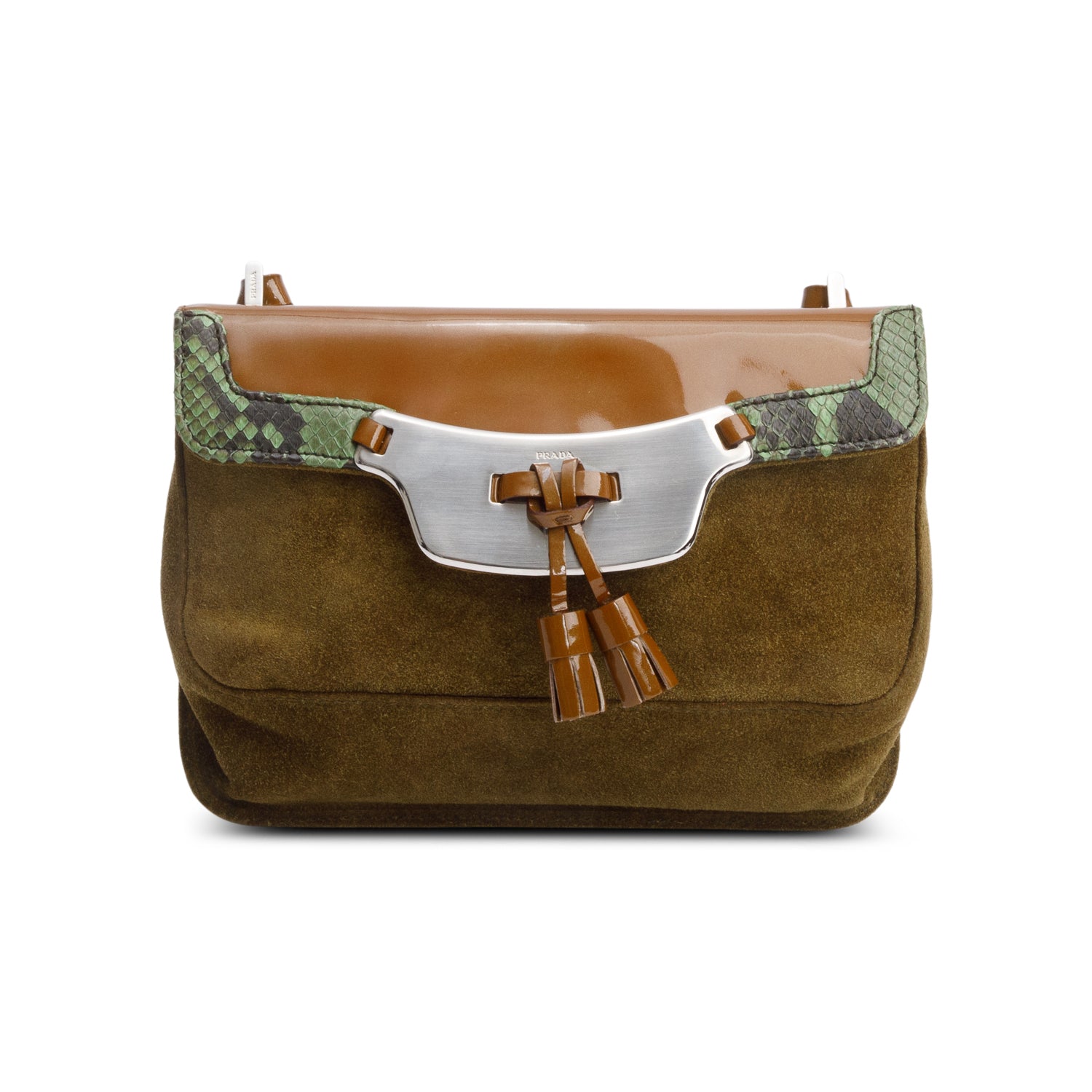 Prada Brown Brown Patent Leather Green Python and Suede Trimmed Mini Shoulder Bag