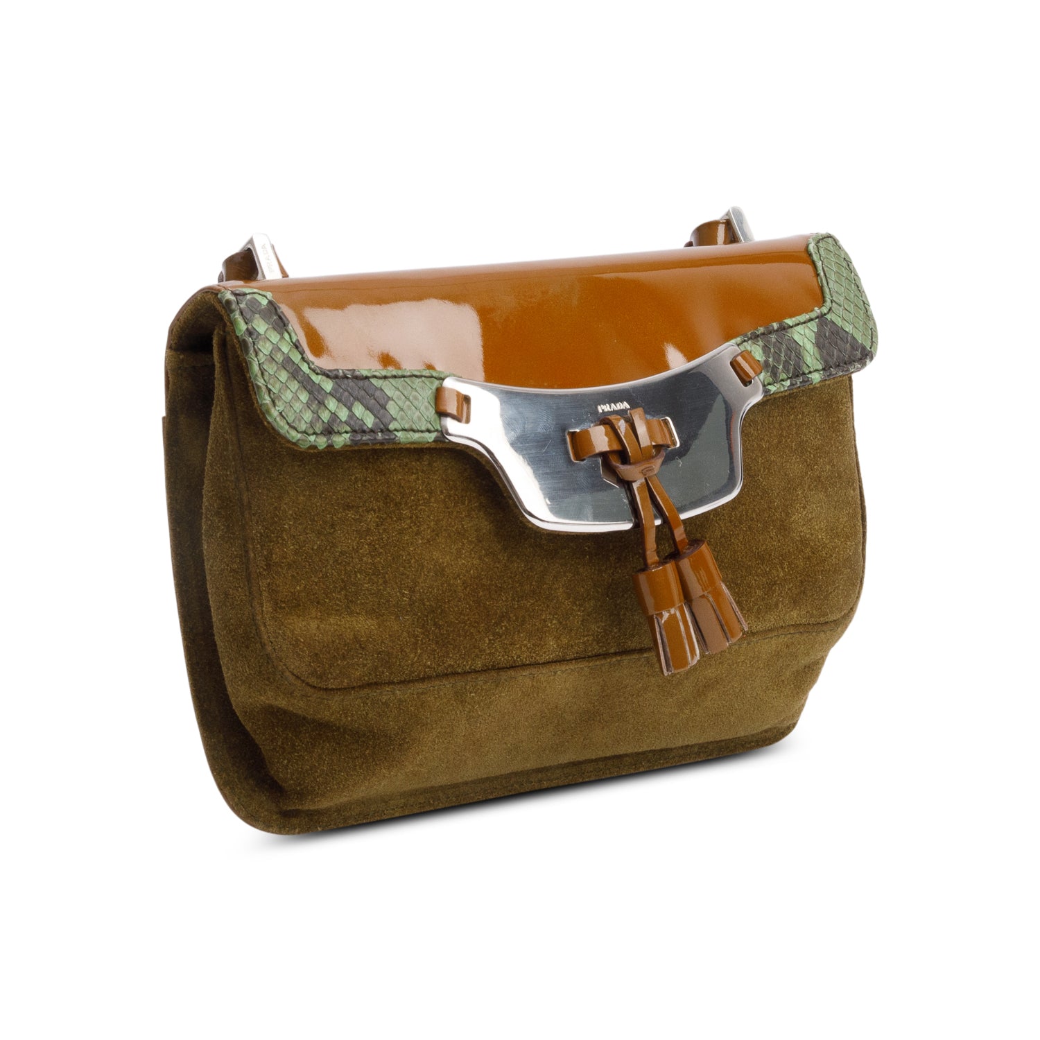 Prada Brown Brown Patent Leather Green Python and Suede Trimmed Mini Shoulder Bag