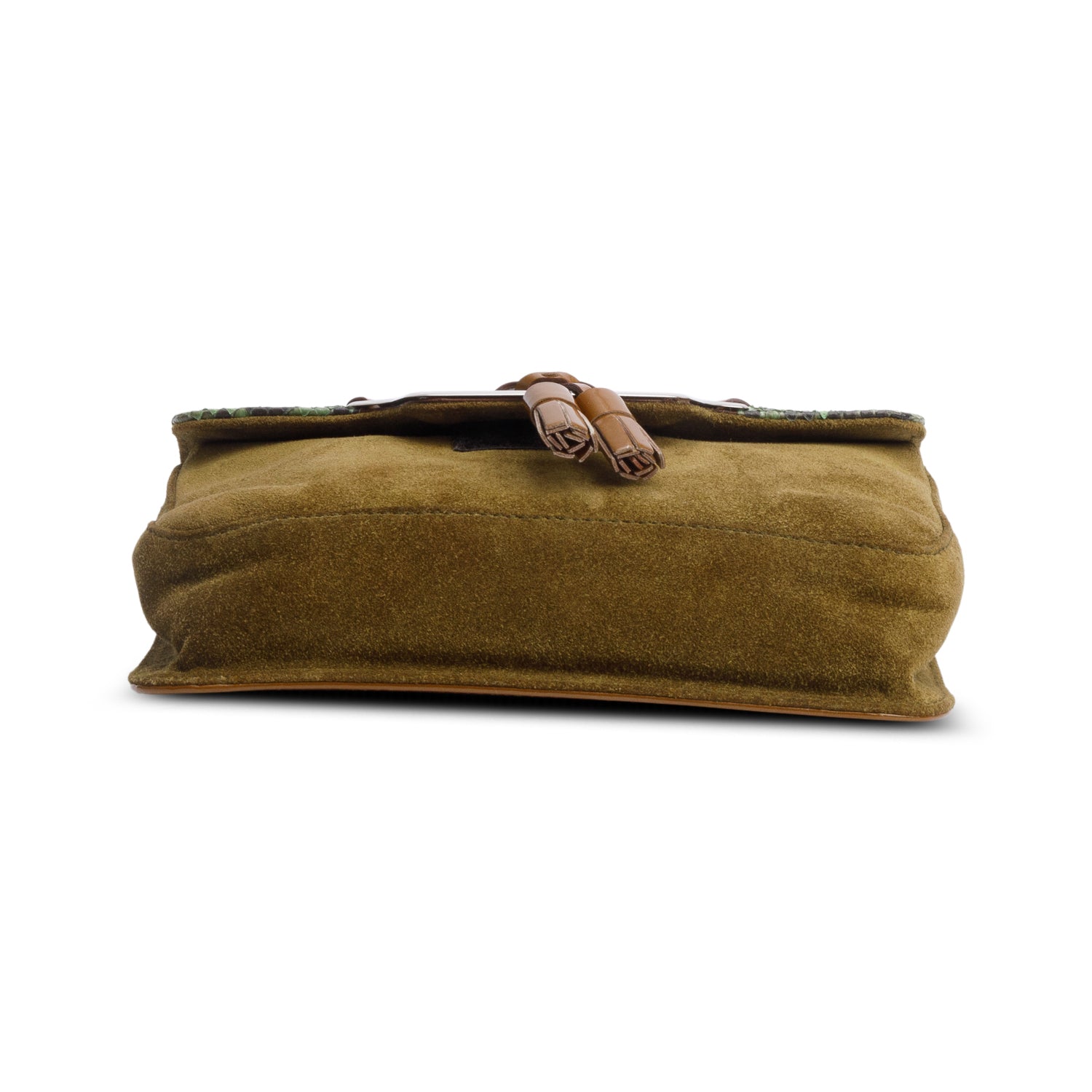 Prada Brown Brown Patent Leather Green Python and Suede Trimmed Mini Shoulder Bag