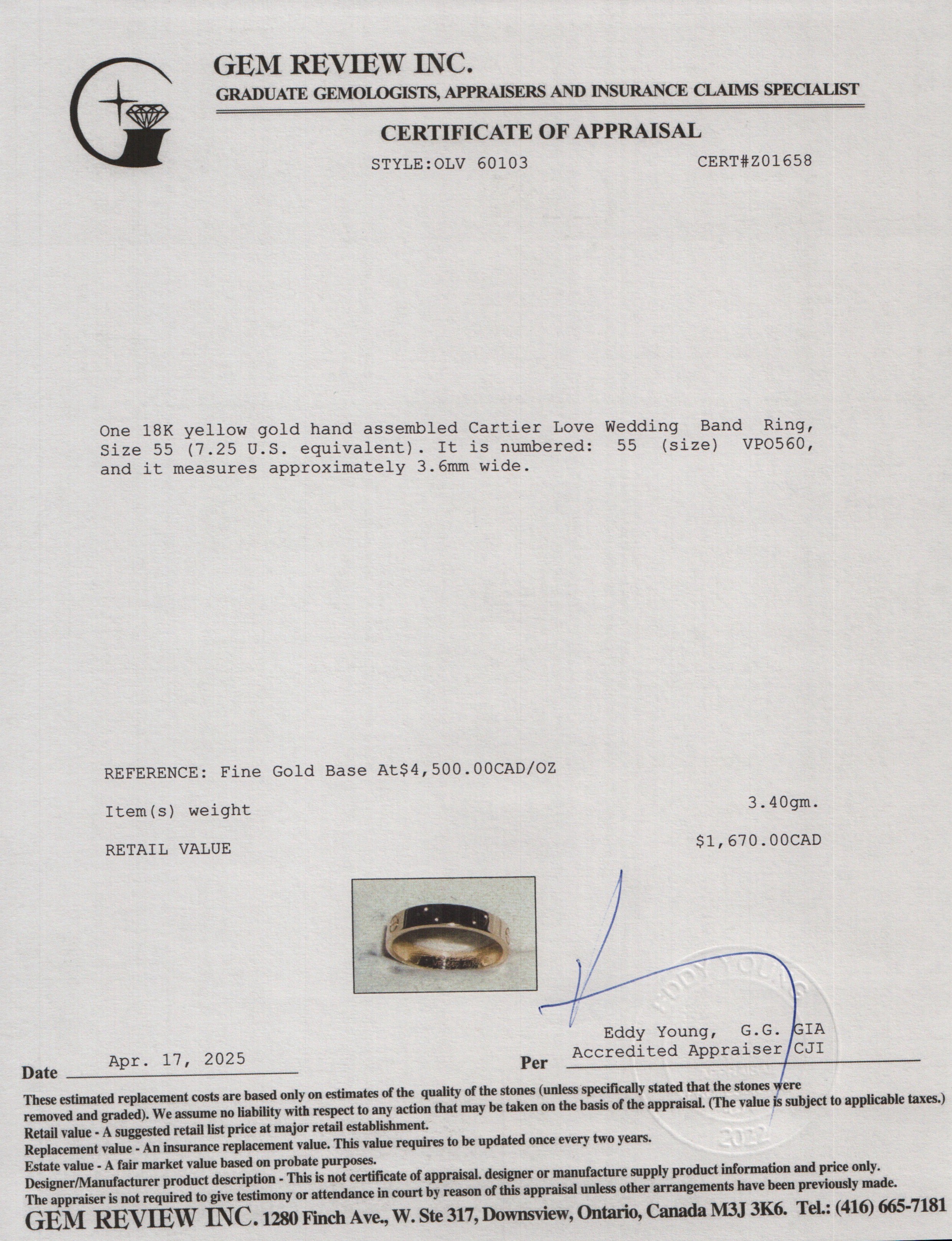 Cartier 18k Yellow Gold 3.6 mm Love Wedding Band Ring, Size 55 7.25