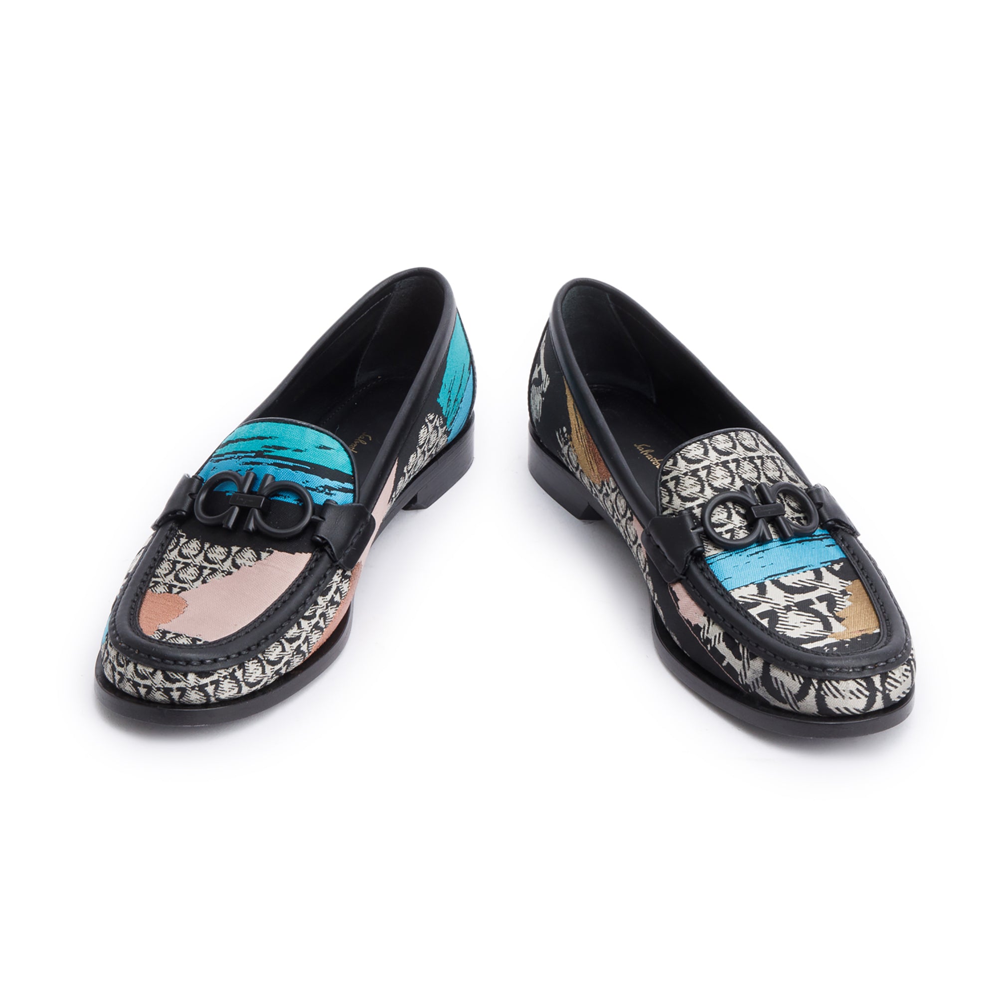 Salvatore Ferragamo Black Multicolor Rolo Gancini Logo Print Loafers, Size 6.5