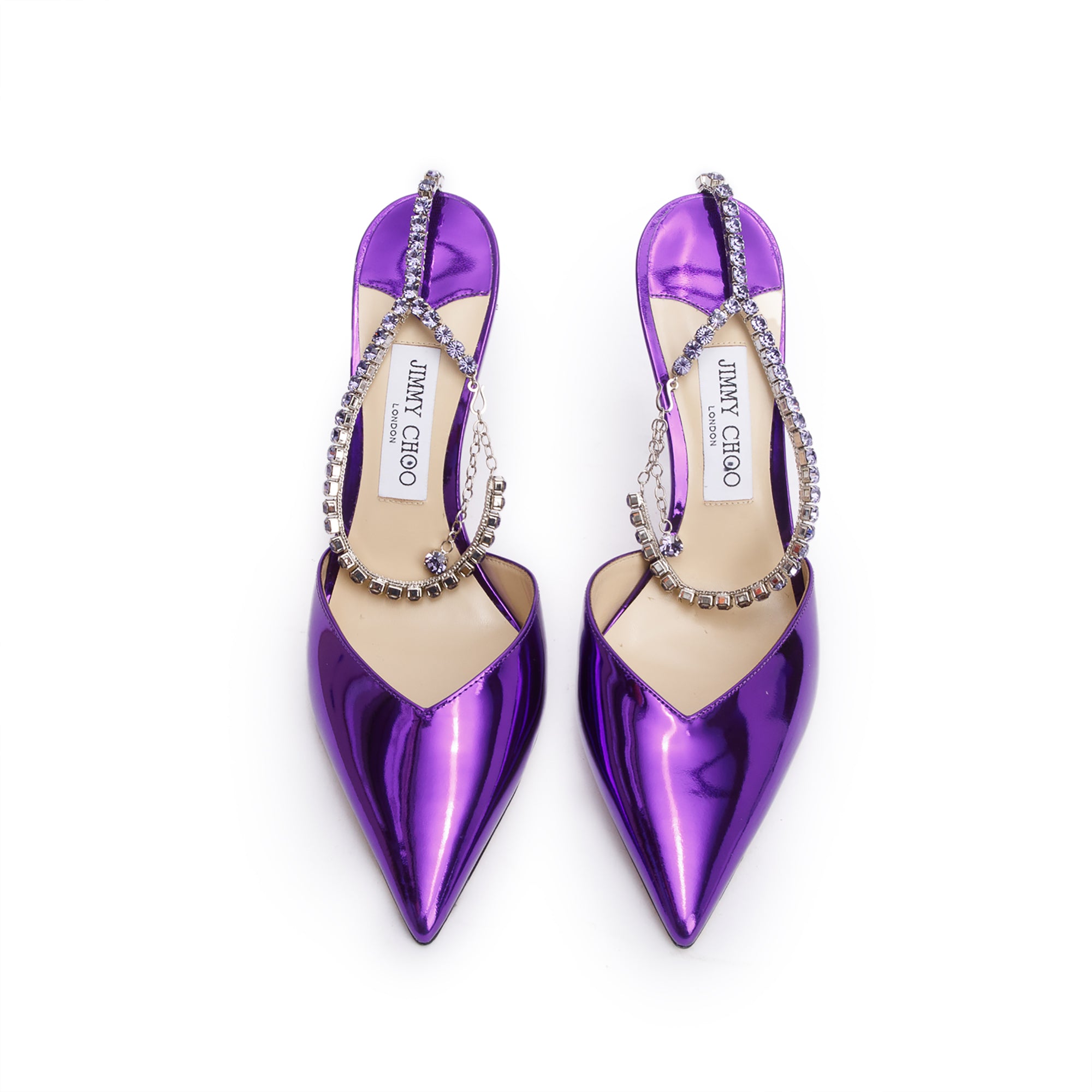 Jimmy Choo Purple Patent Leather Crystal Saede 100mm Slingback Pumps, Size 41