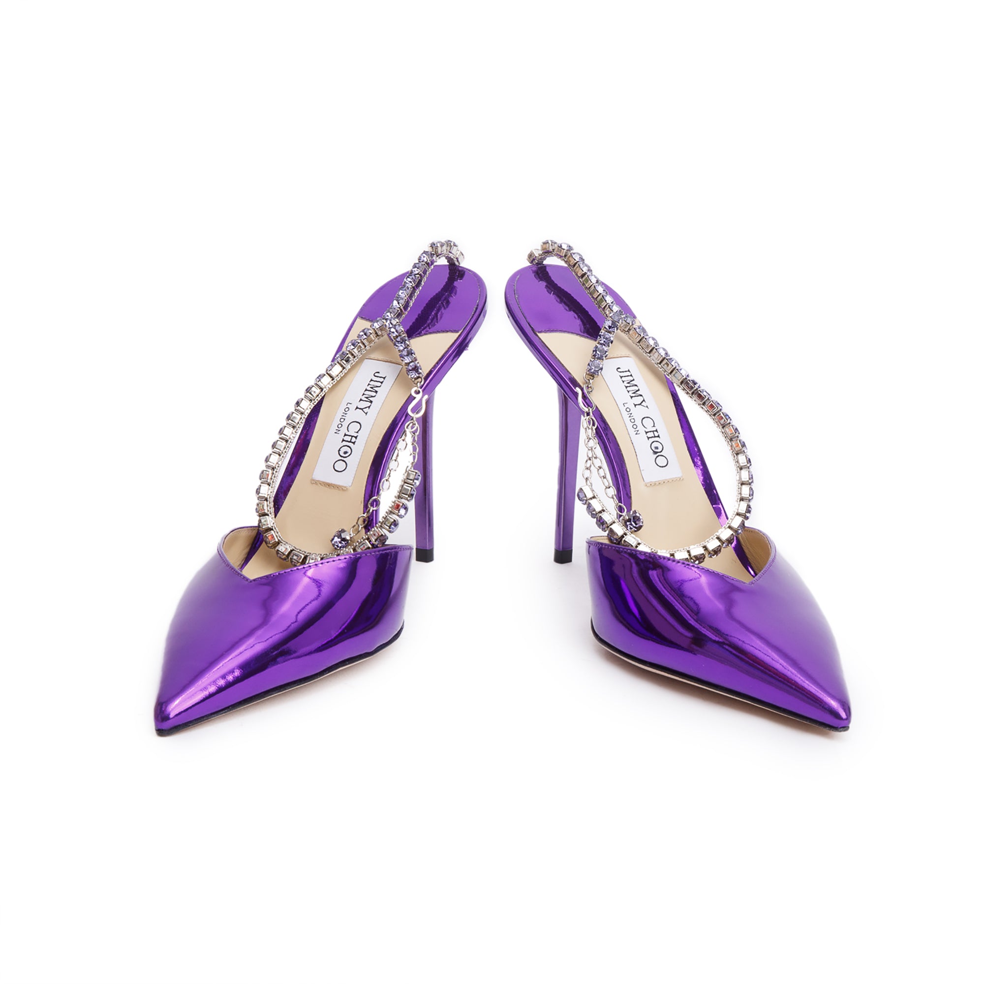 Jimmy Choo Purple Patent Leather Crystal Saede 100mm Slingback Pumps, Size 41