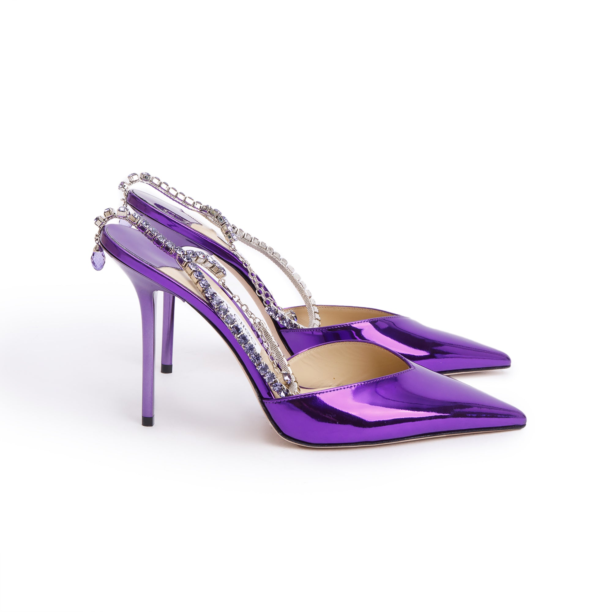 Jimmy Choo Purple Patent Leather Crystal Saede 100mm Slingback Pumps, Size 41