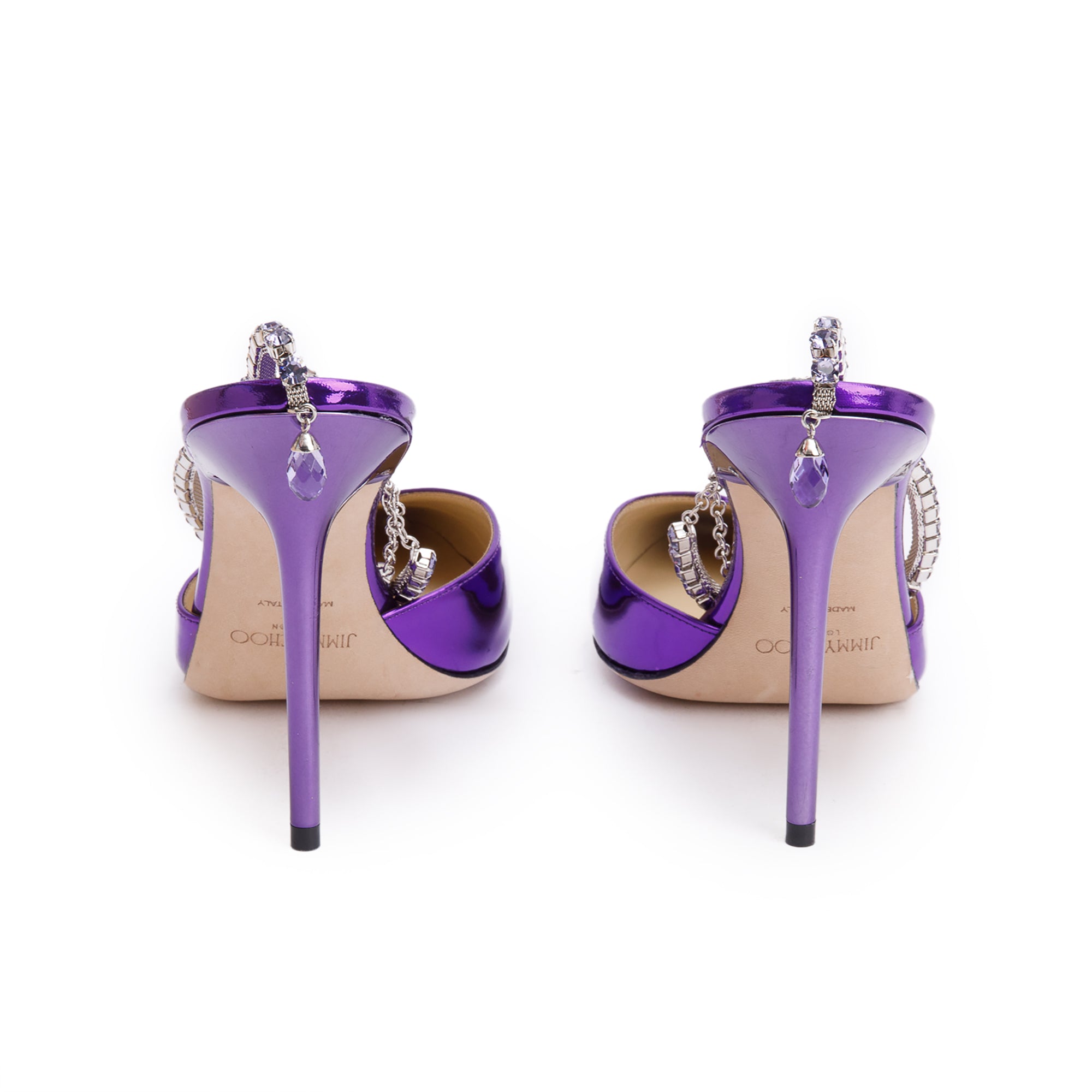 Jimmy Choo Purple Patent Leather Crystal Saede 100mm Slingback Pumps, Size 41